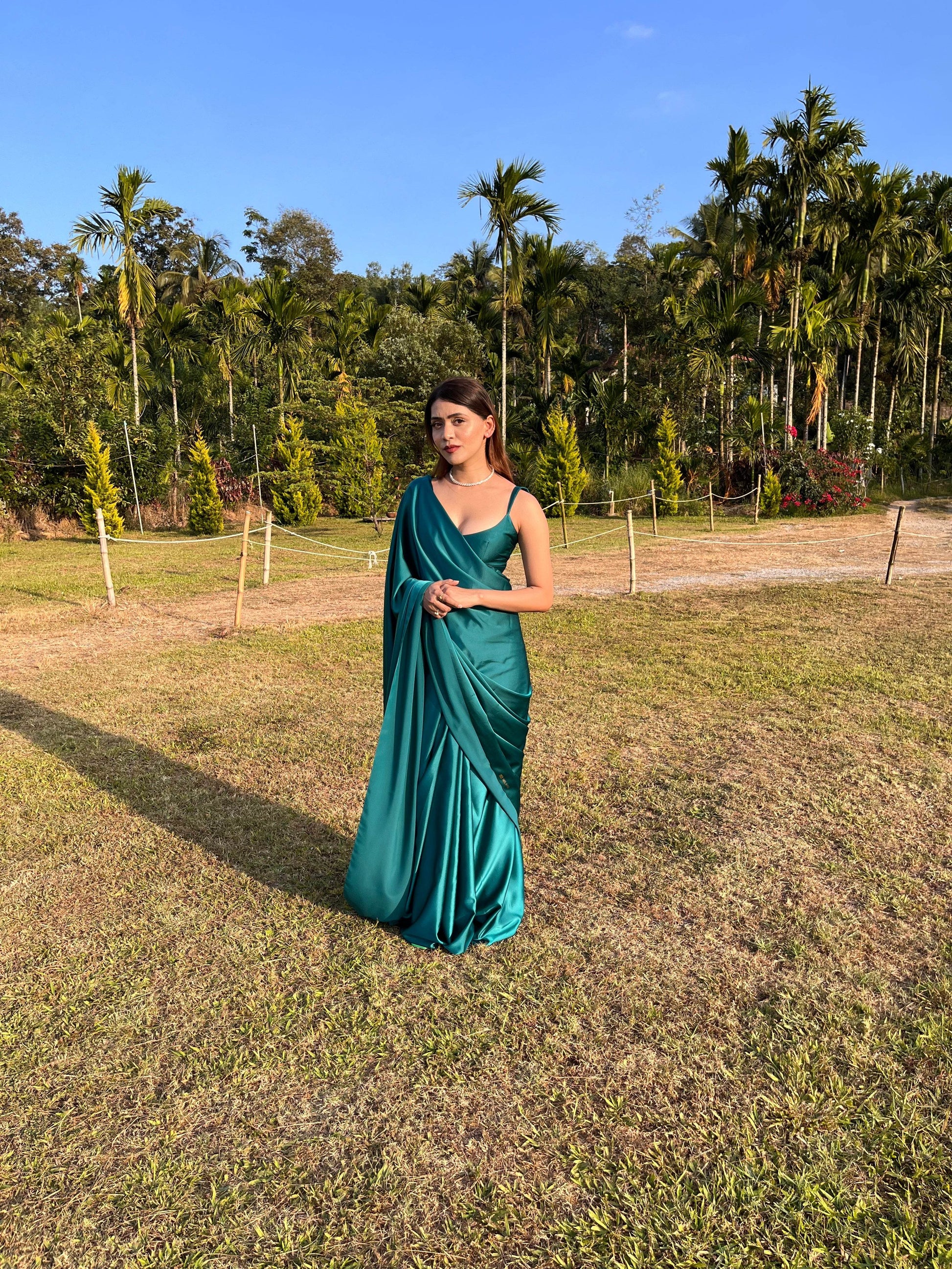 Emerald Green Satin Saree - That Gal