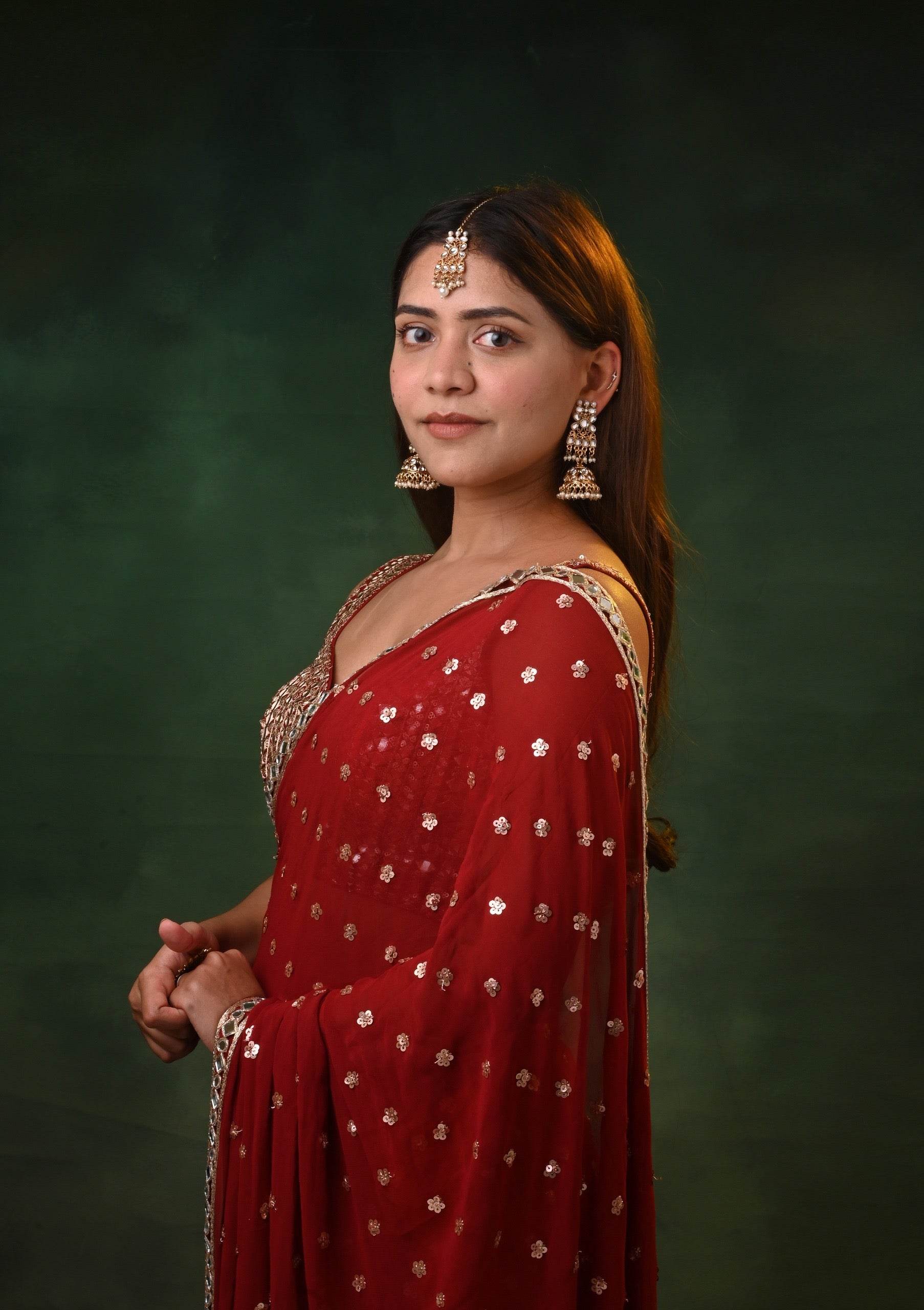 Deep Red Mirror Work Saree - That Gal