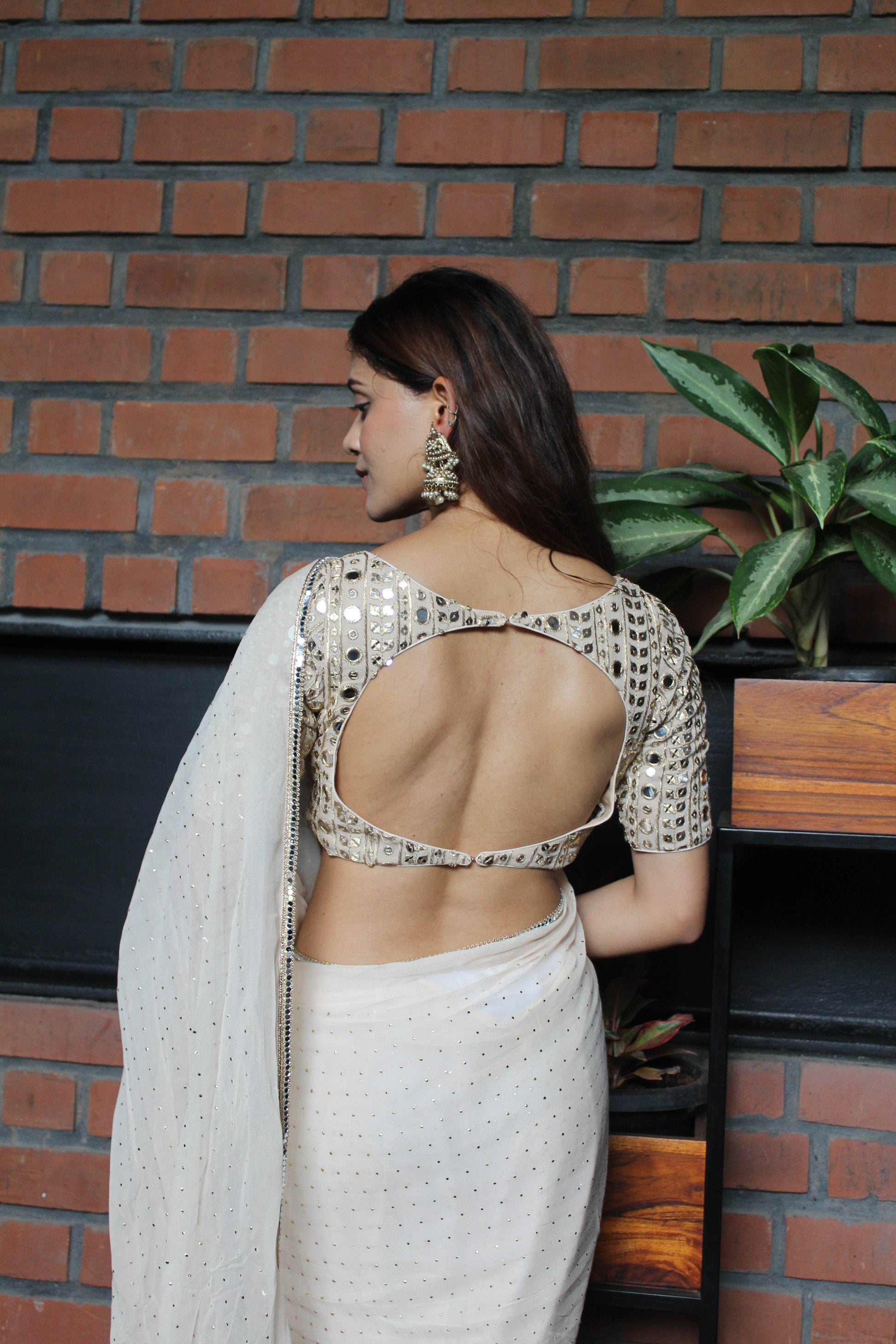 Beige Mukaish Work Saree - That Gal