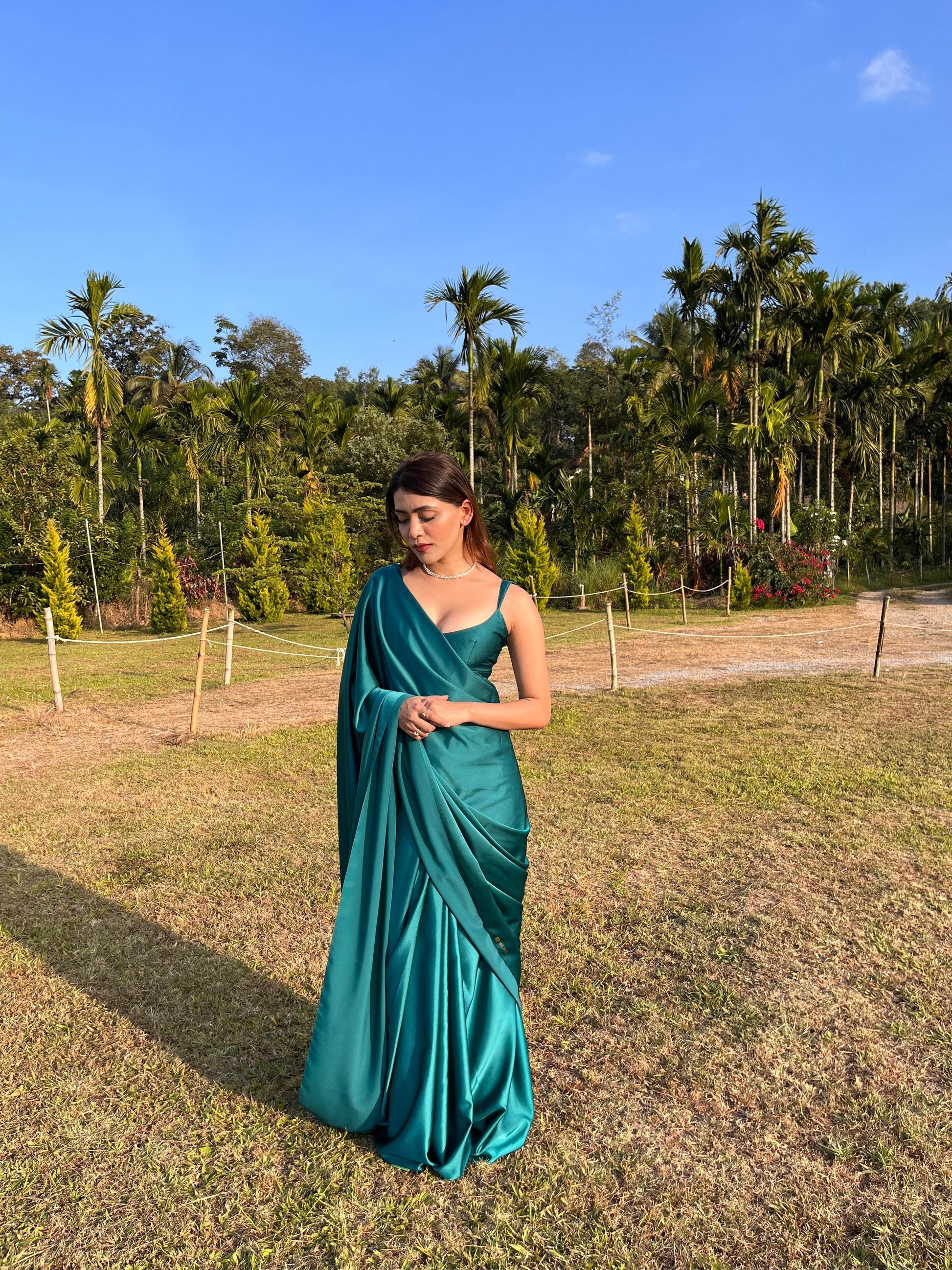 Emerald Green Satin Saree - That Gal