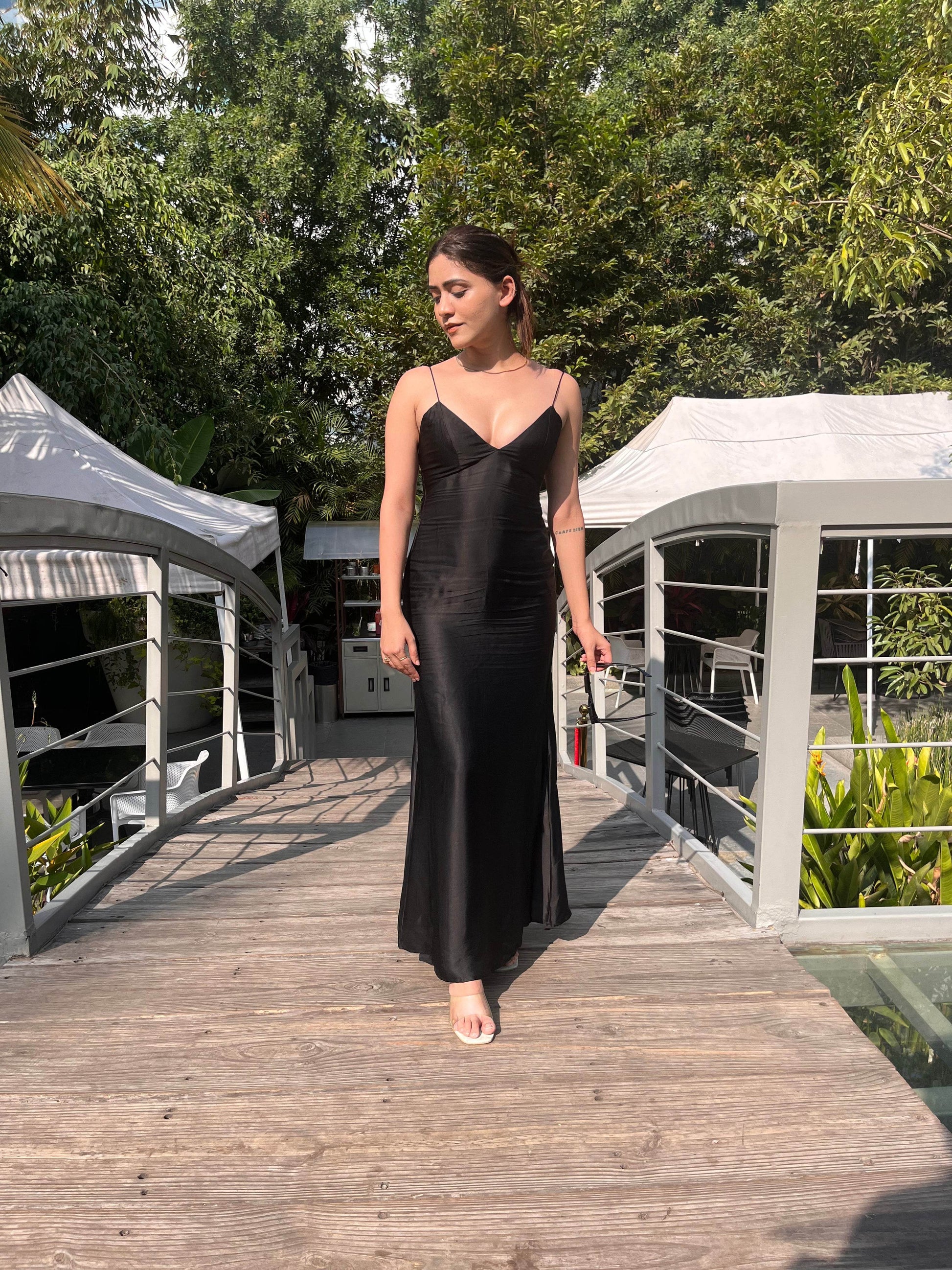 Satin Slip Dress - Black - That Gal