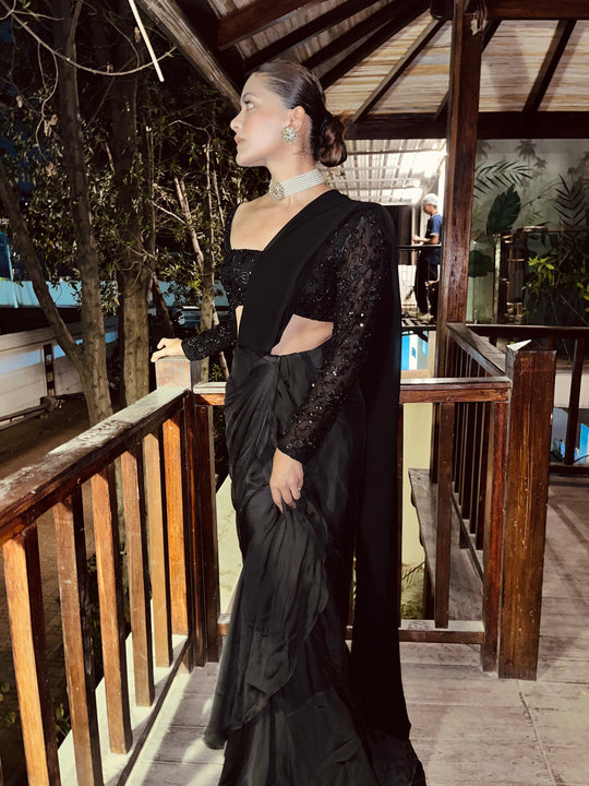 Jet Black Ruffled Saree Set