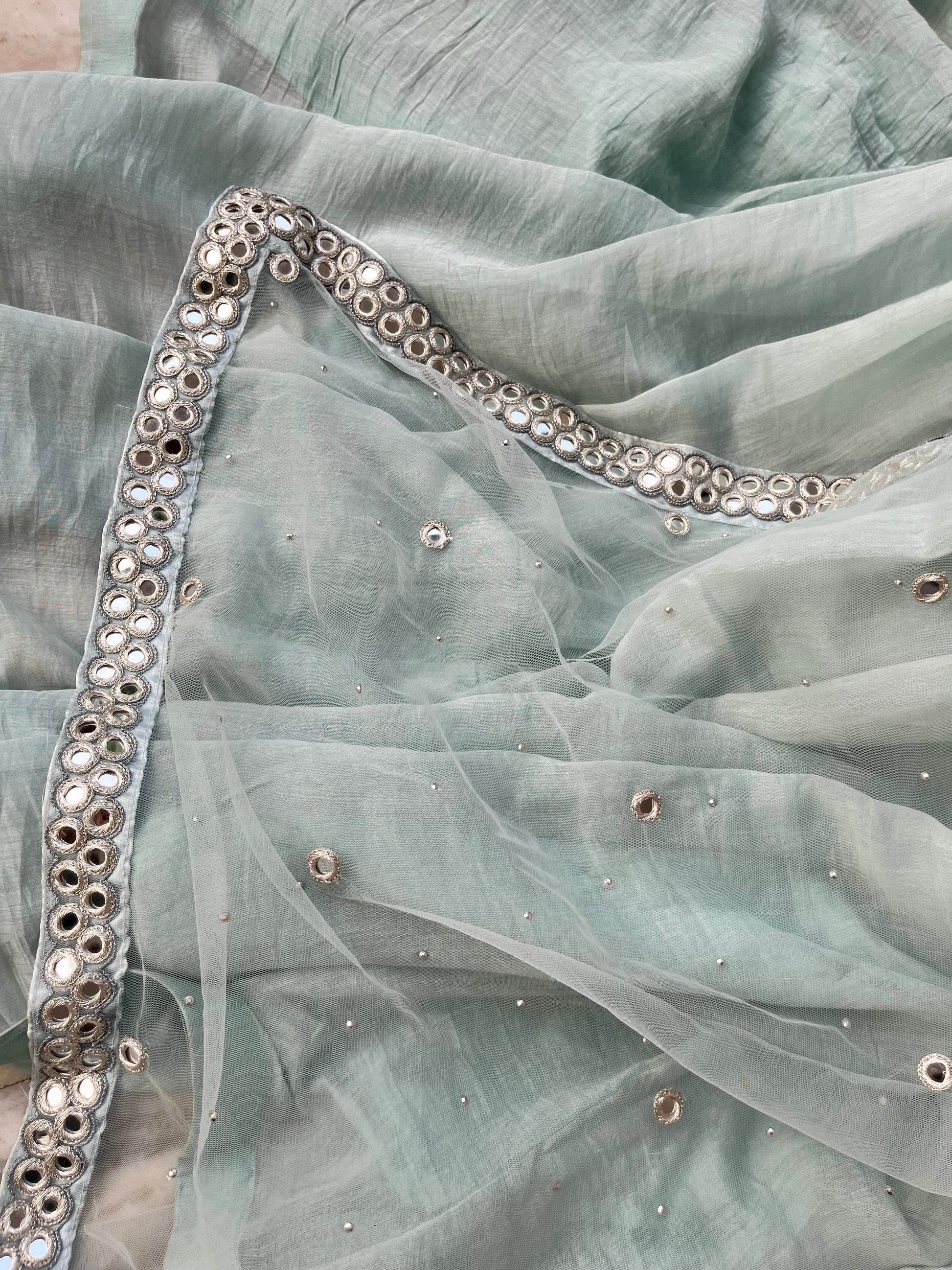 Powder Blue Mul Chanderi Lehenga Set With Mirror Work Dupatta - That Gal