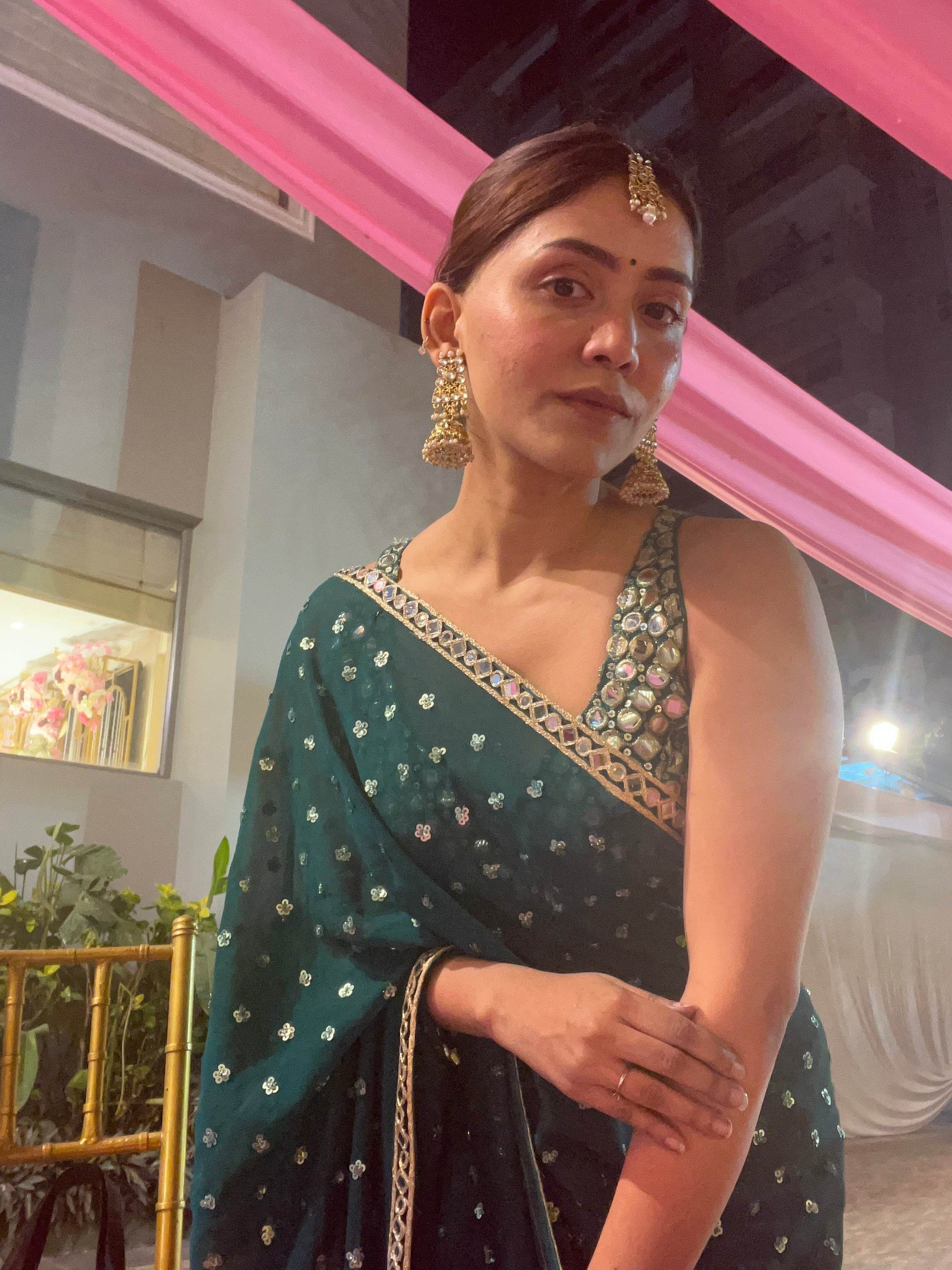 Emerald Green Mirror Work Saree - That Gal