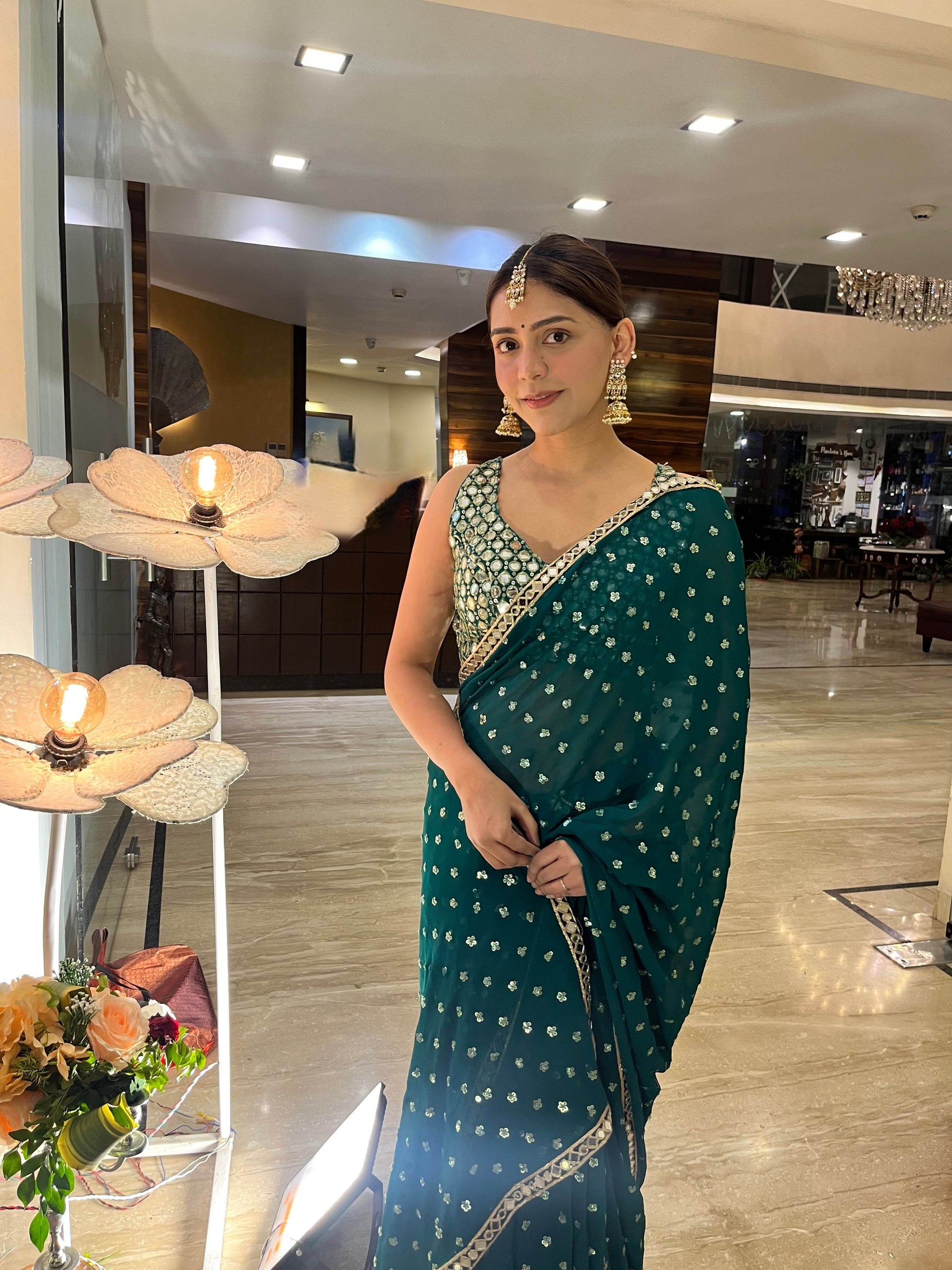 Emerald Green Mirror Work Saree - That Gal