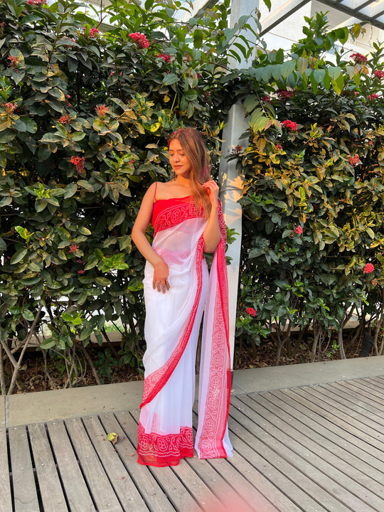 Faguniya Saree - White & Red