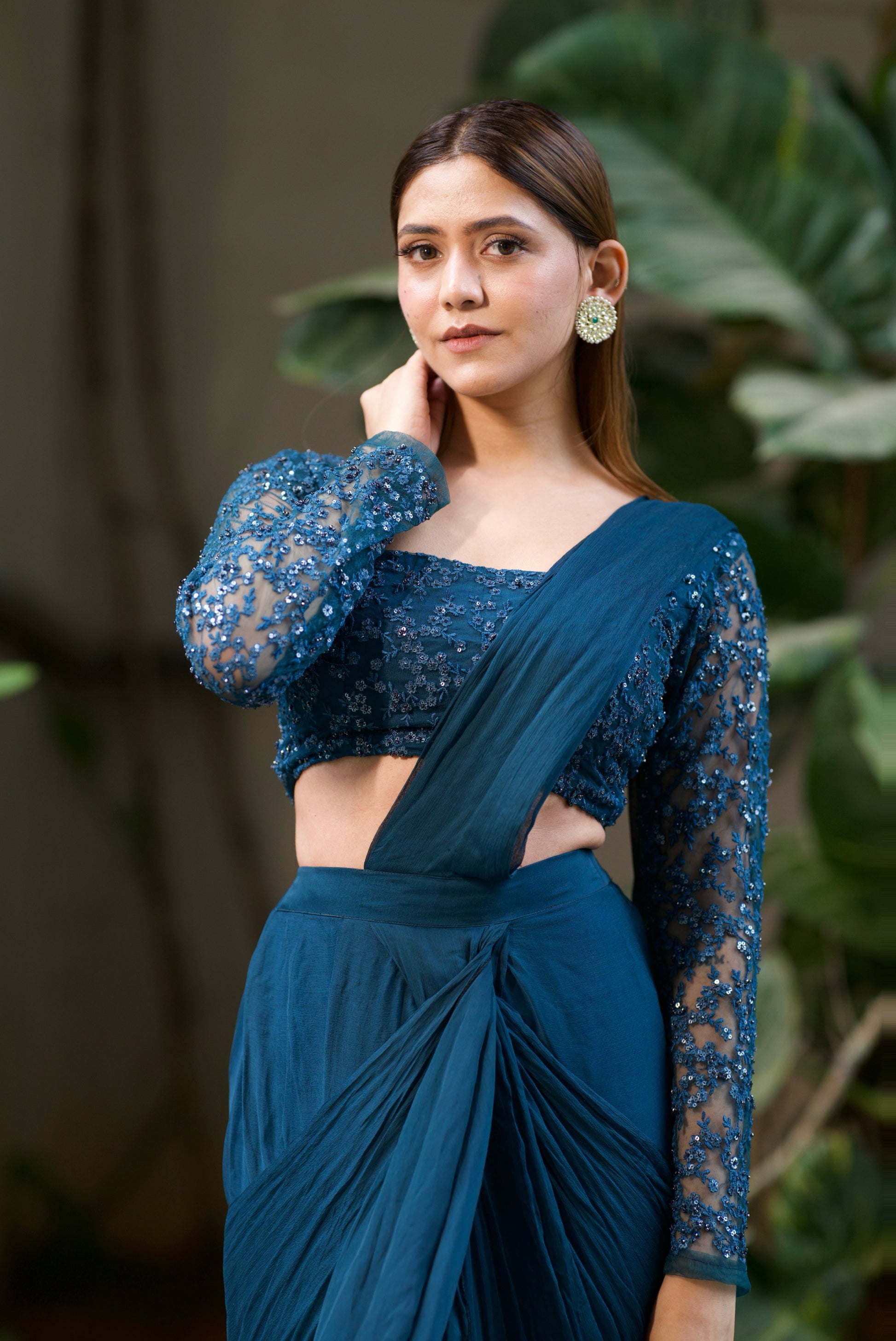 Nyra - Persian Blue Ruffled Saree Set