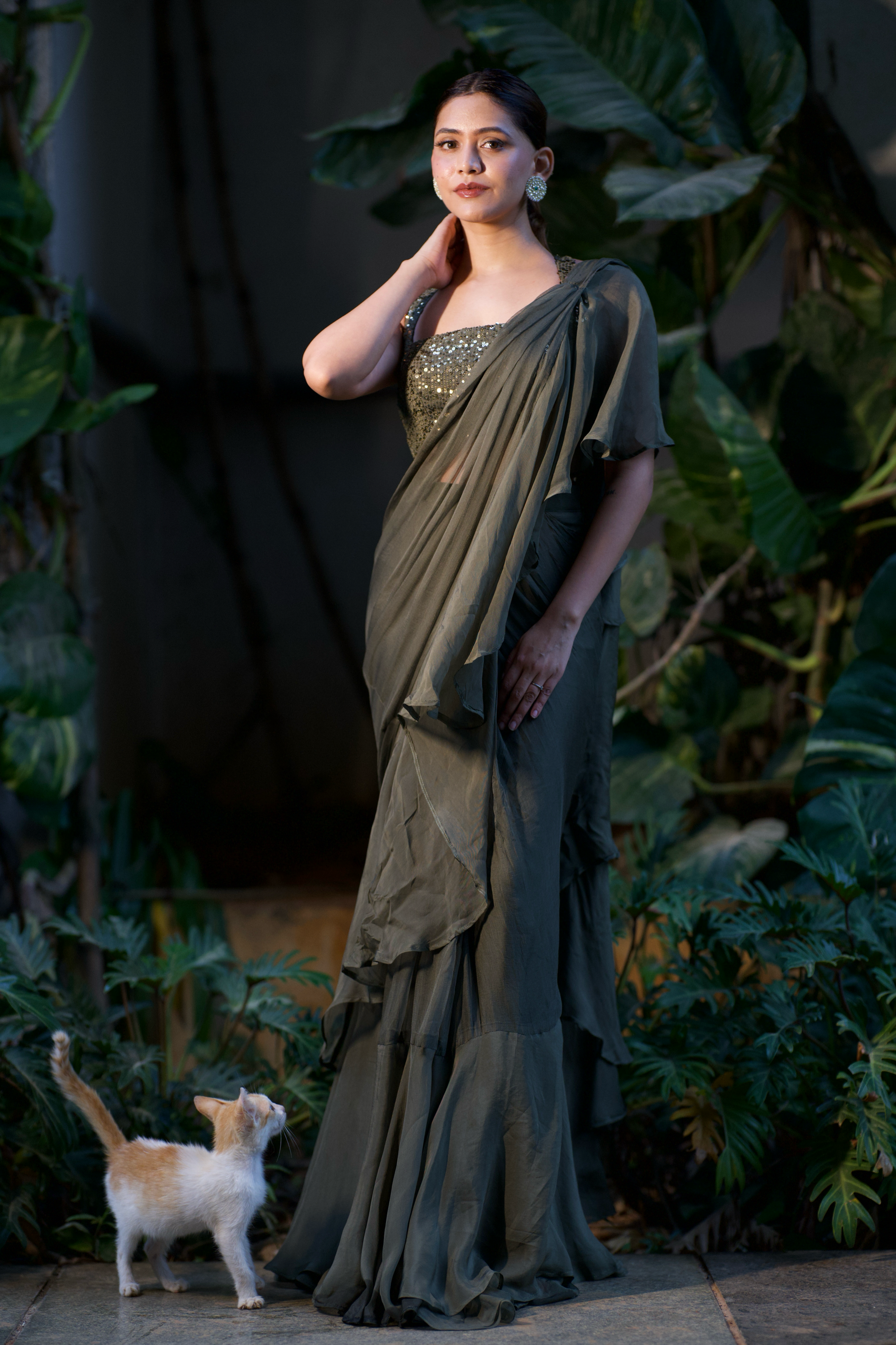 Malikah - Olive Ruffled Saree Set