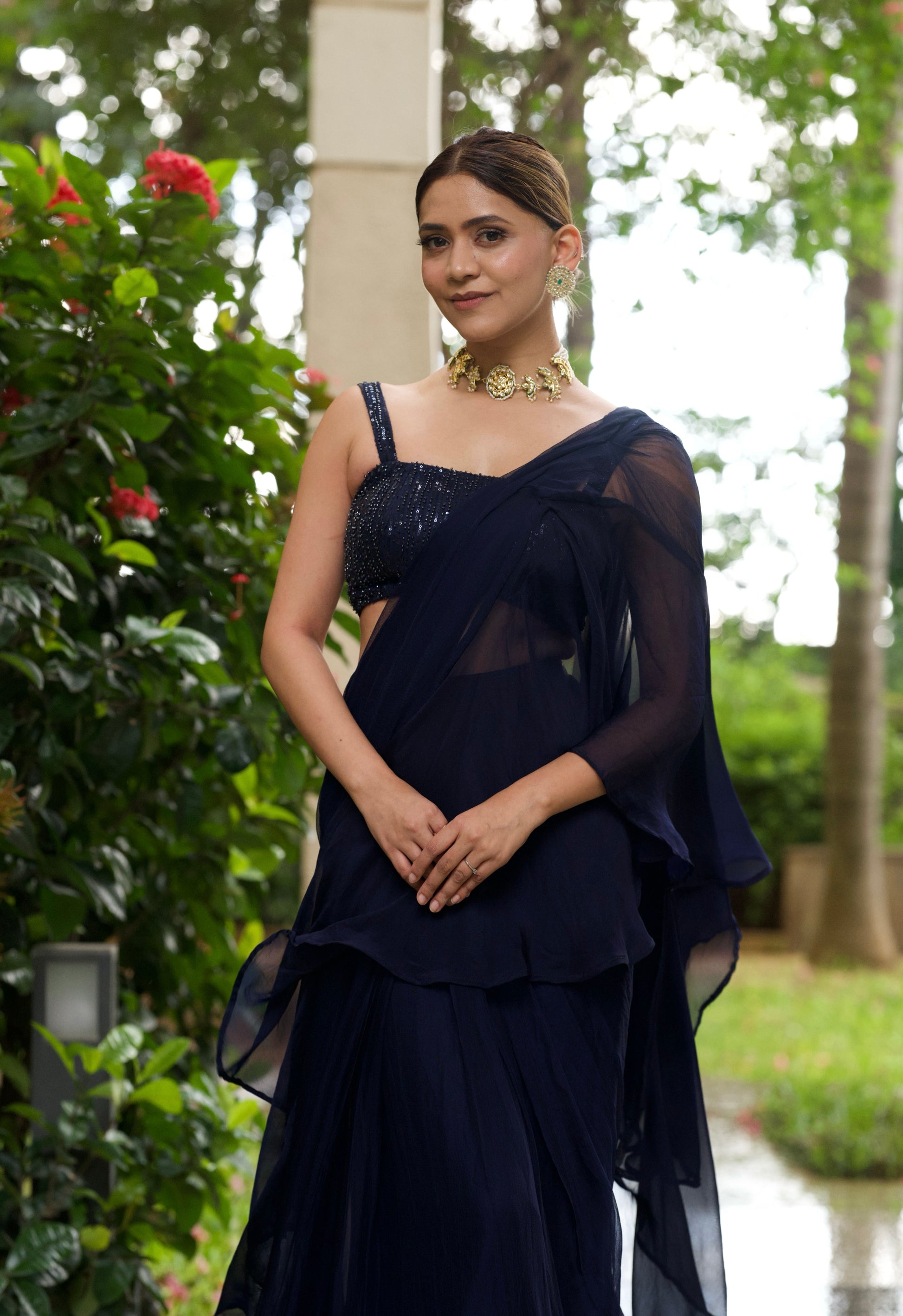 Alaaya - Navy Ruffled Saree Set