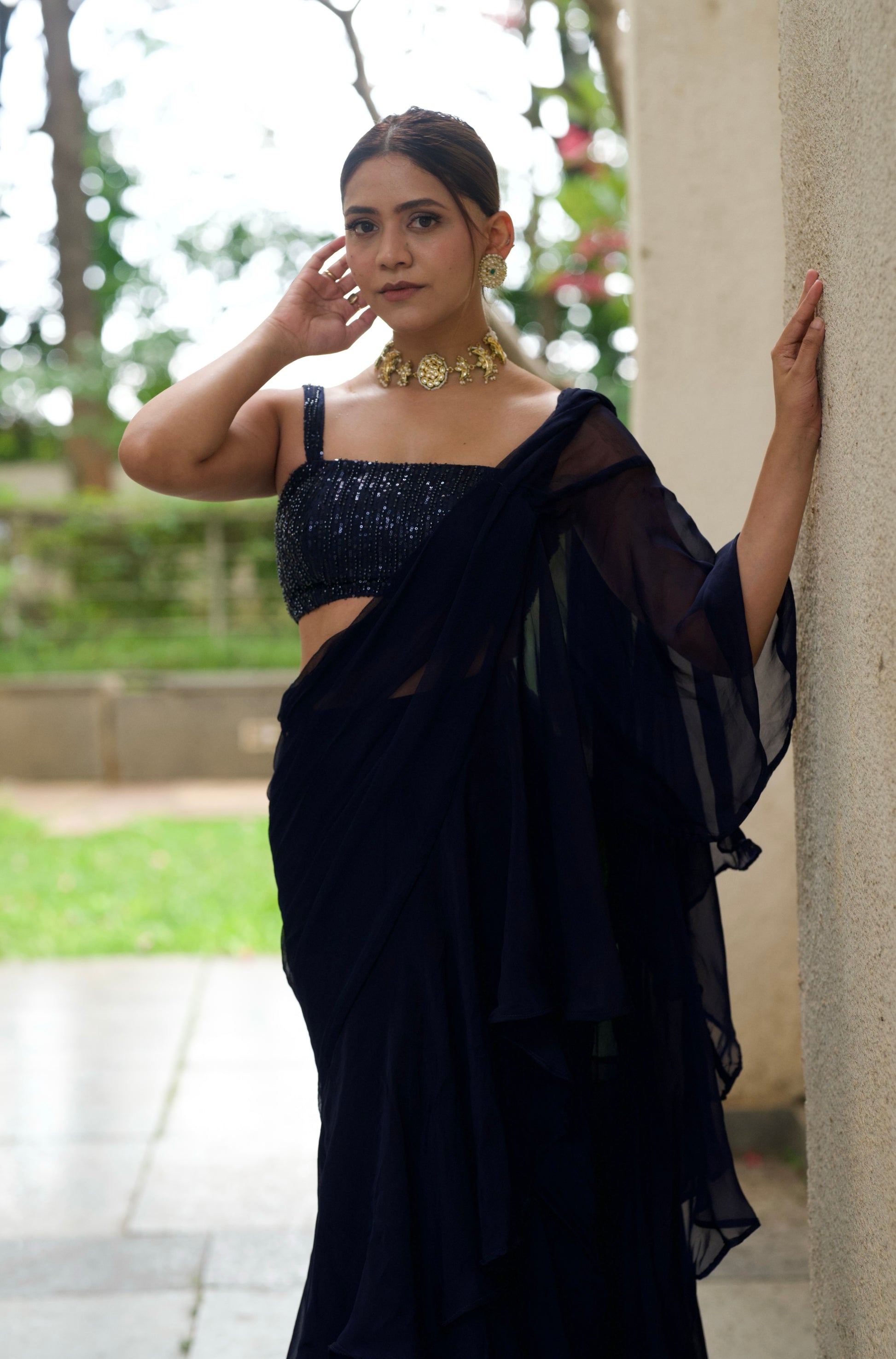 Alaaya - Navy Ruffled Saree Set
