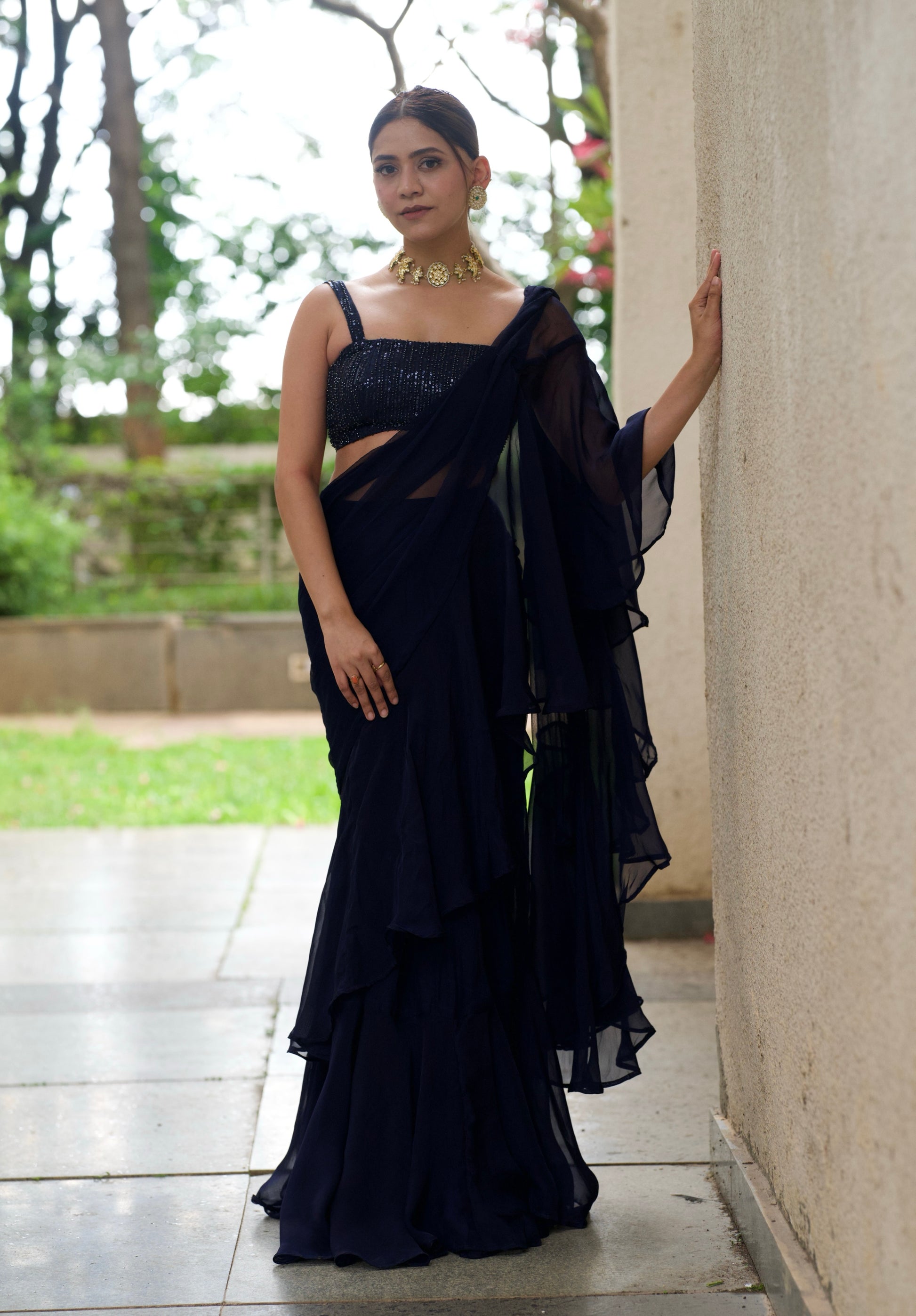 Alaaya - Navy Ruffled Saree Set