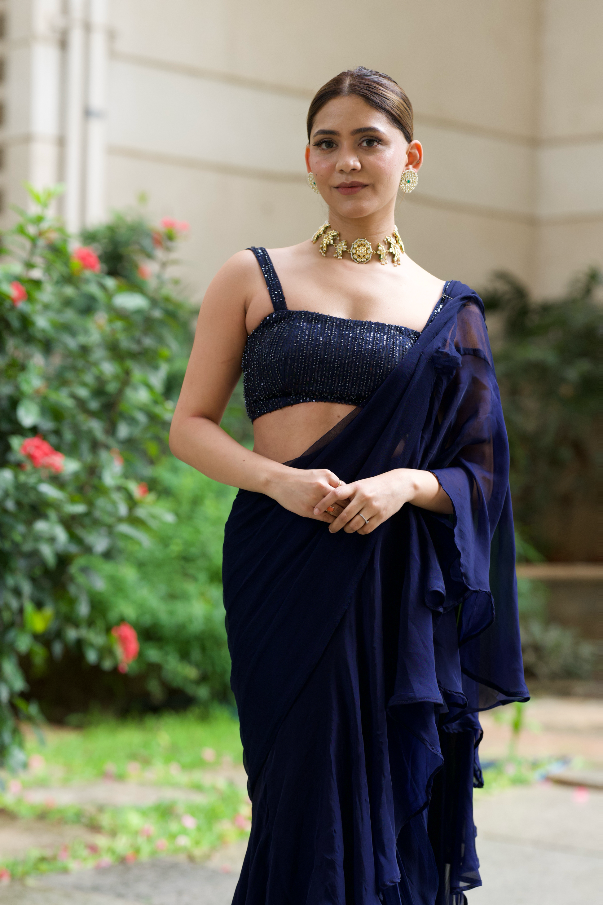Alaaya - Navy Ruffled Saree Set