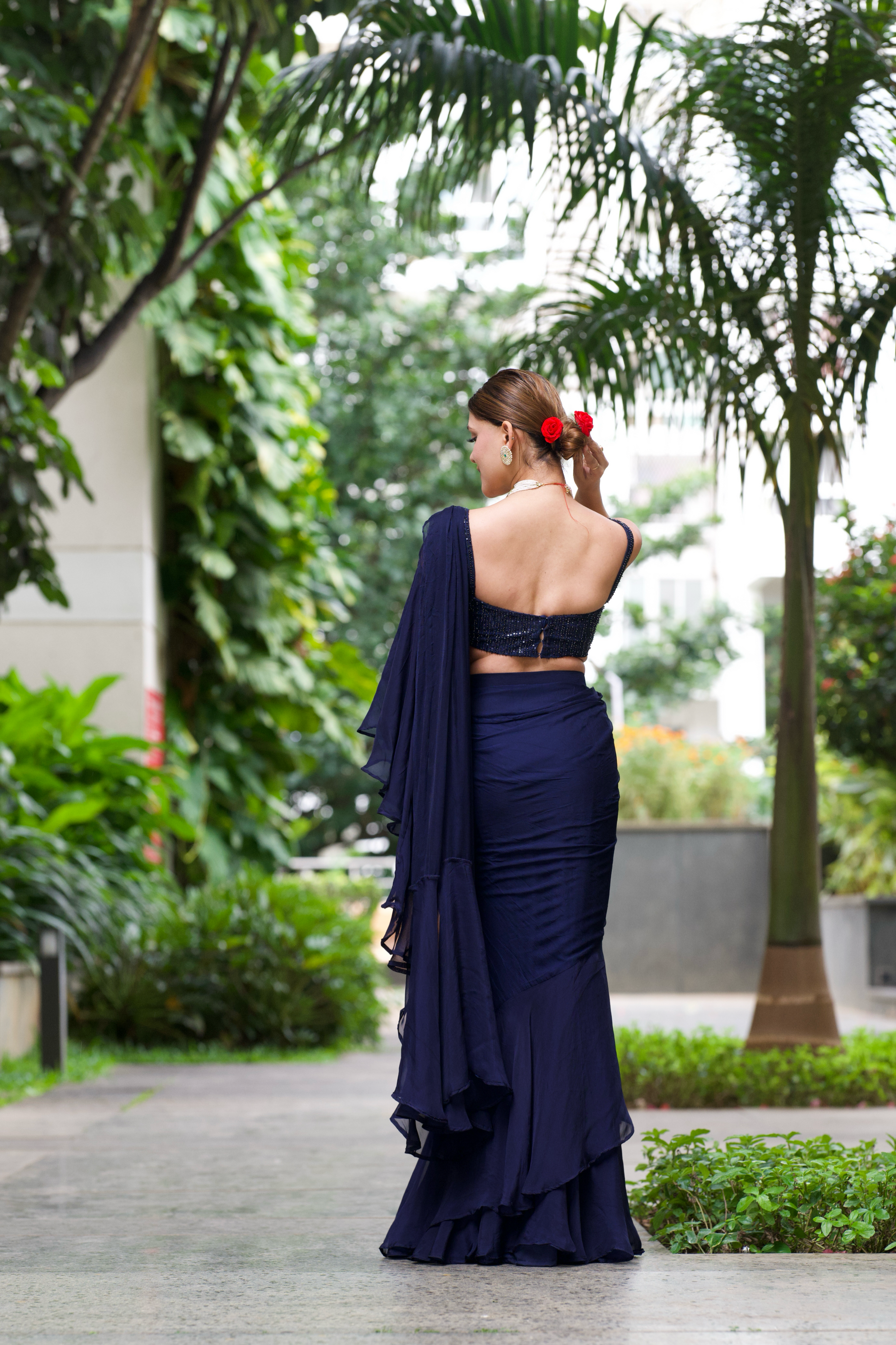 Alaaya - Navy Ruffled Saree Set