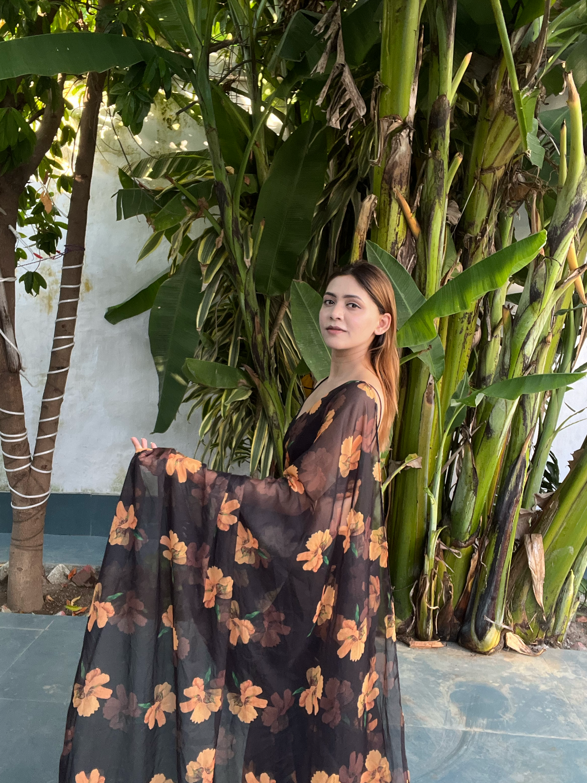 Black & Yellow Organza Saree Set