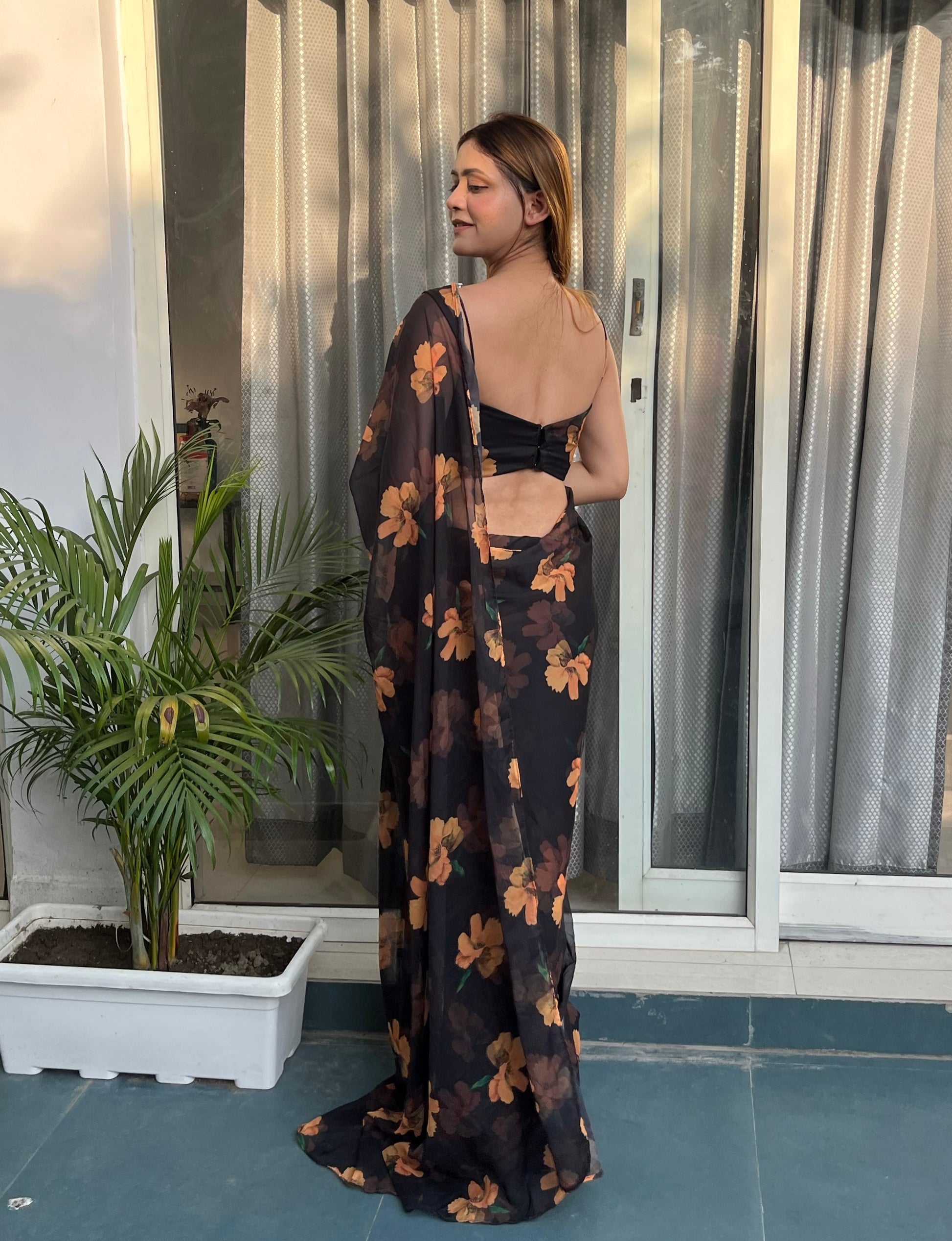 Black & Yellow Organza Saree Set