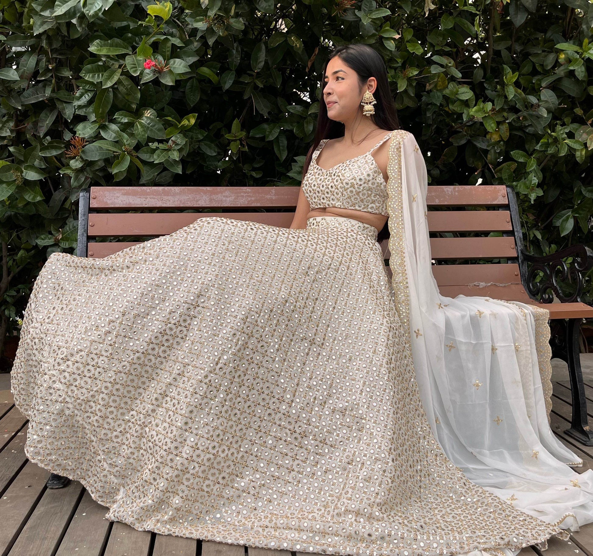 Ivory Lehenga Set with Gold and Mirror work - That Gal