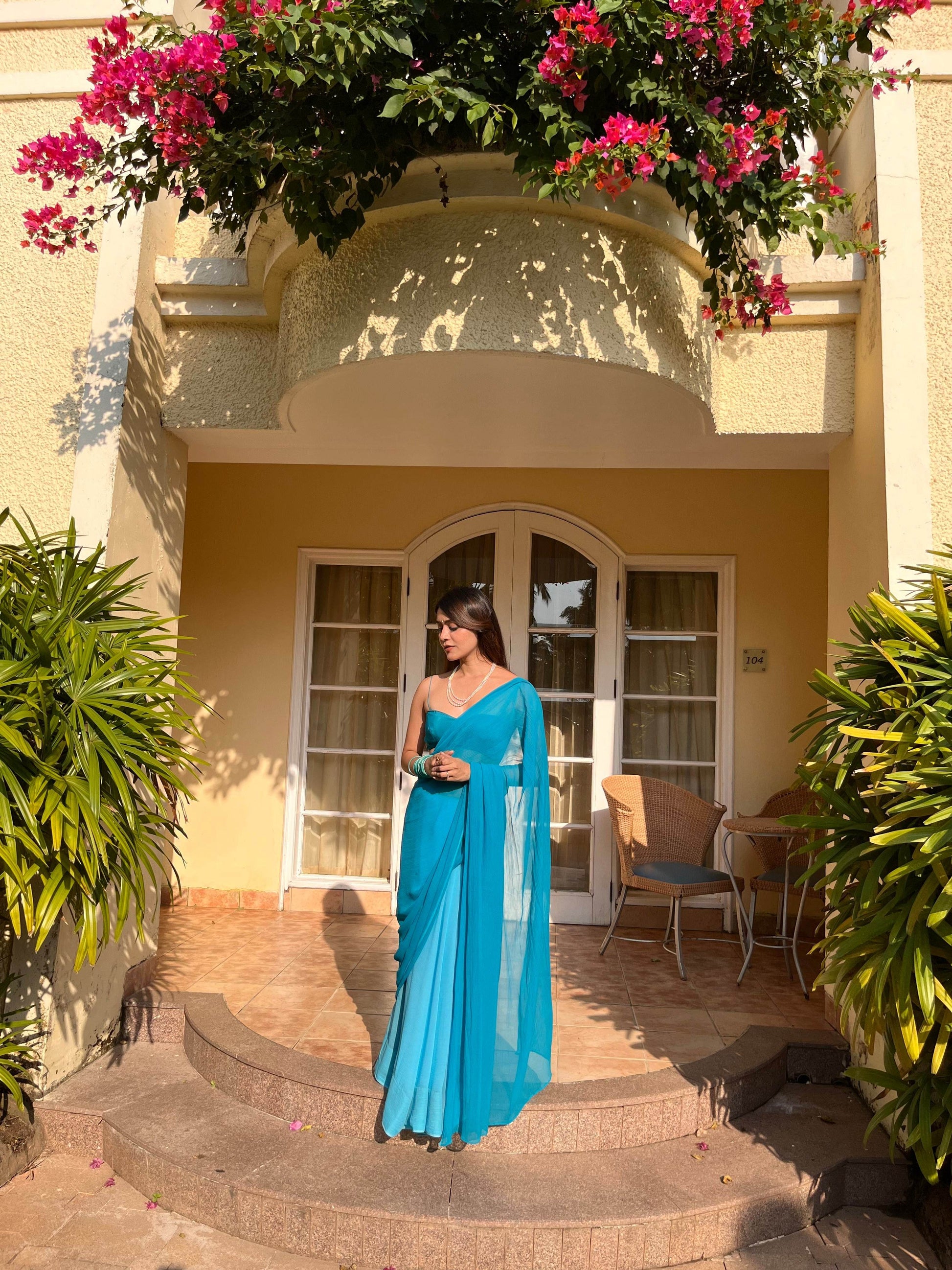Ombre Chiffon Saree - Sea Blue - That Gal