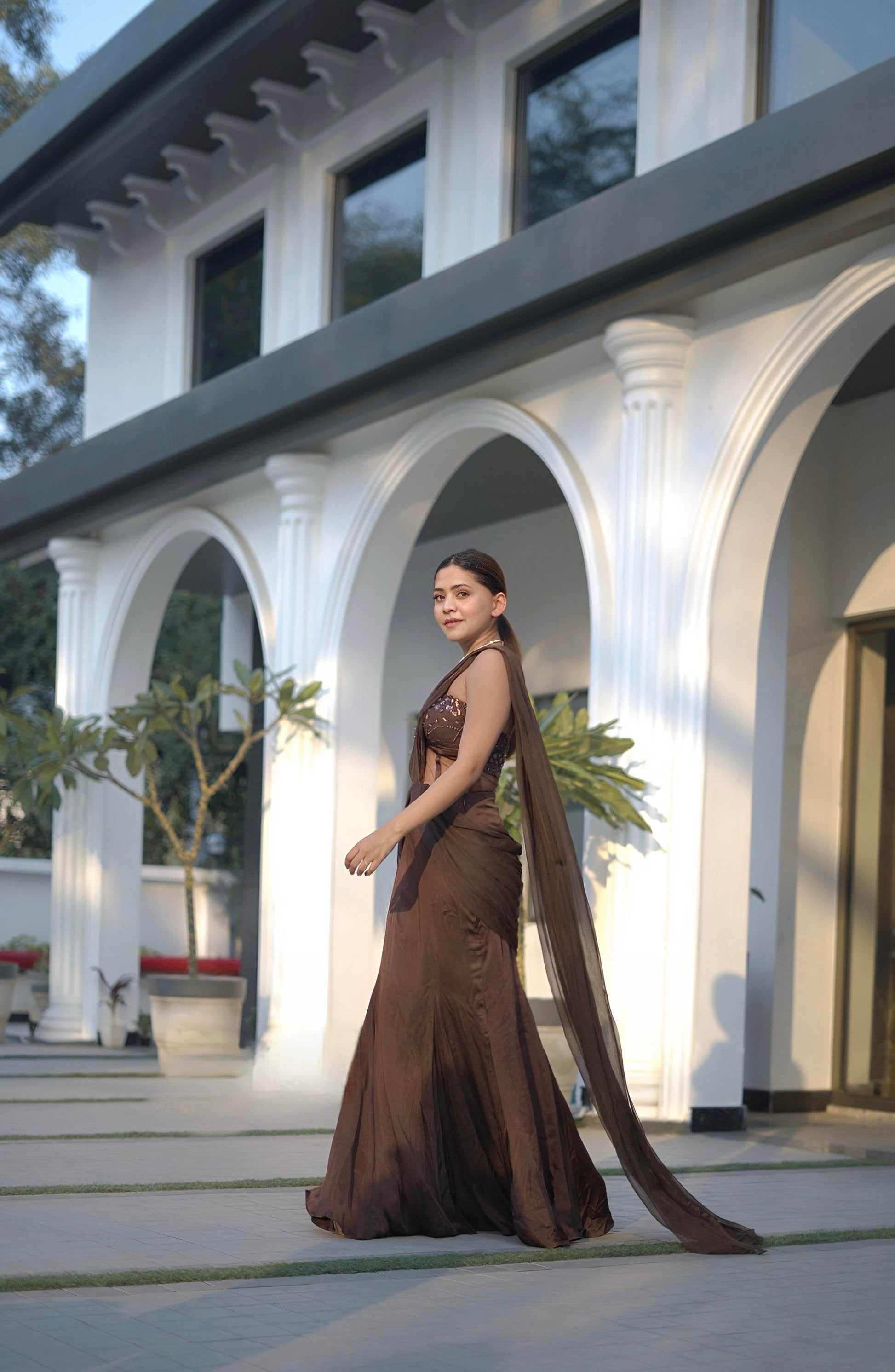 Cocoa Brown Pre-Stitched Saree Set - That Gal