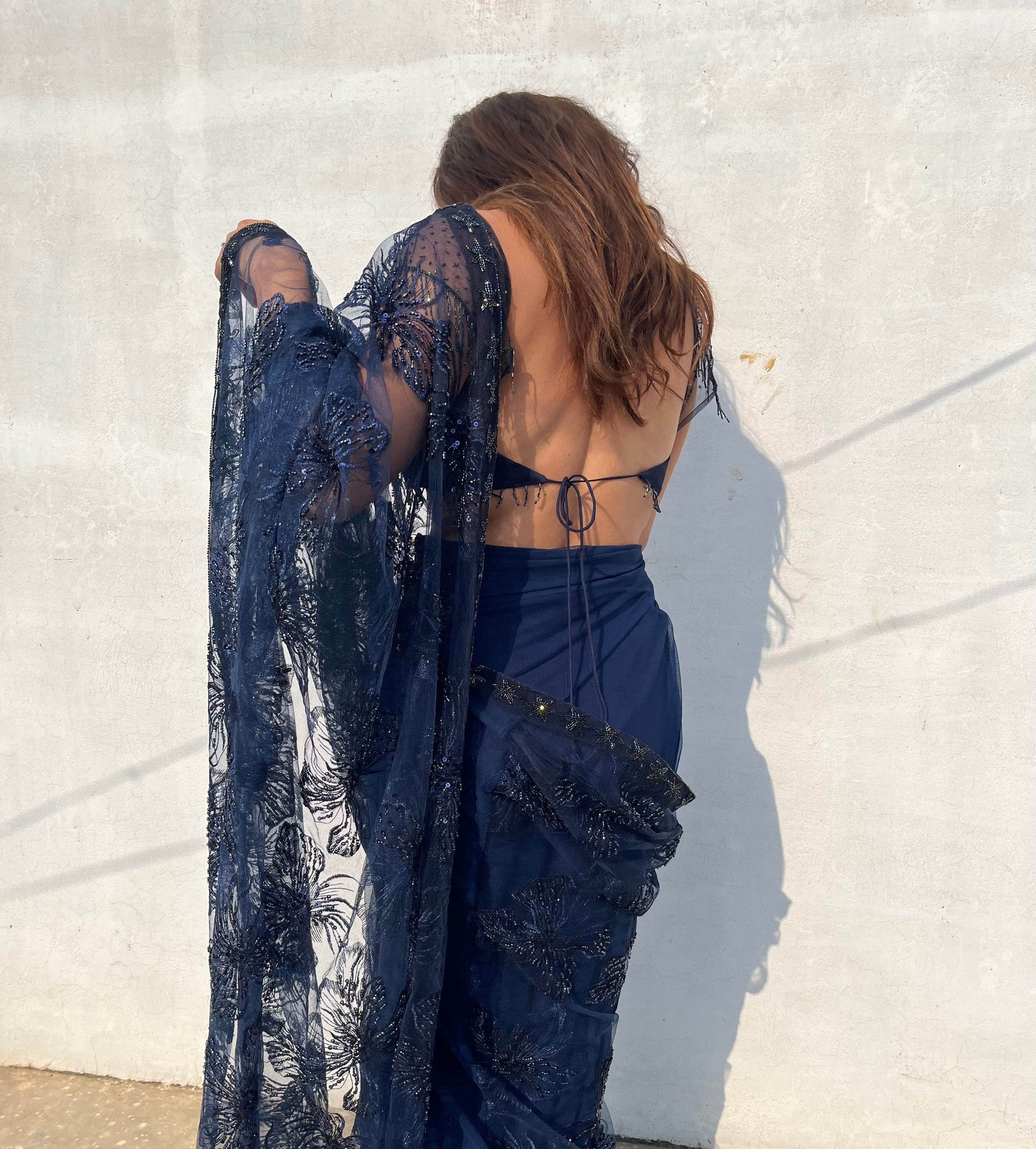 Raha - Deep Blue Hand Embroidered Saree - That Gal