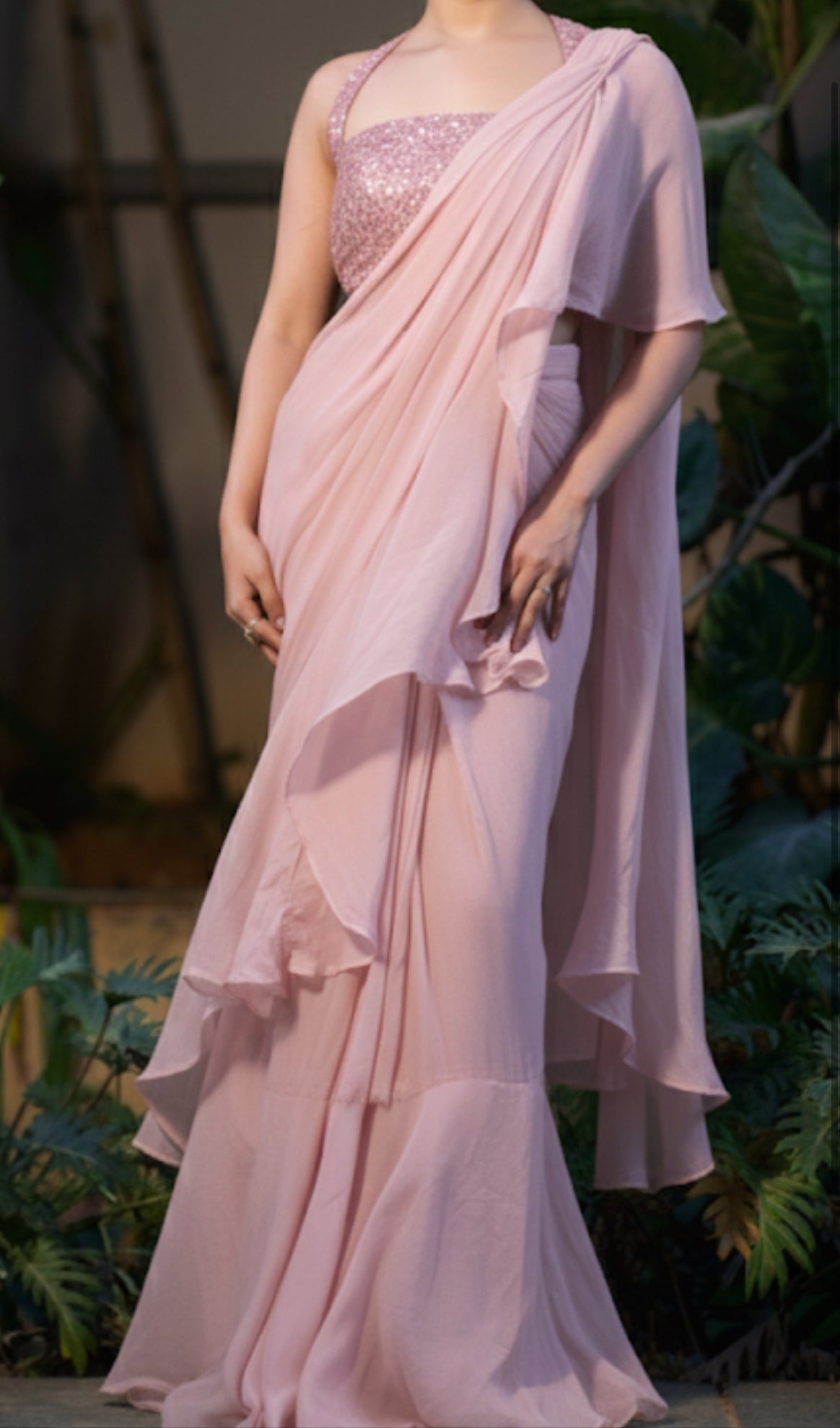 Malikah - Olive Ruffled Saree Set