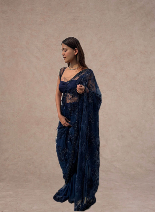 Raha - Deep Blue Hand Embroidered Saree