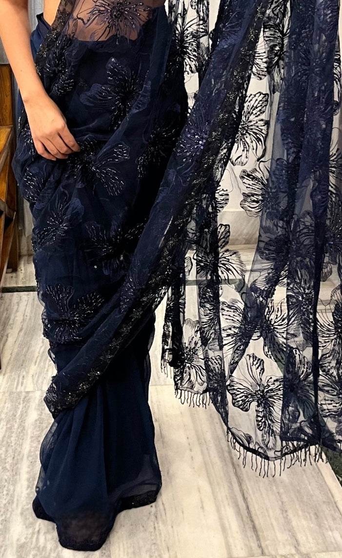Raha - Deep Blue Hand Embroidered Saree - That Gal