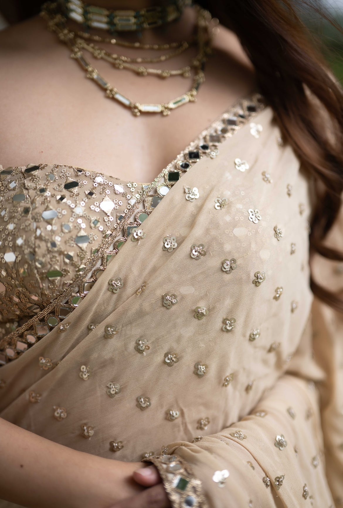 Gold Mirror work Saree