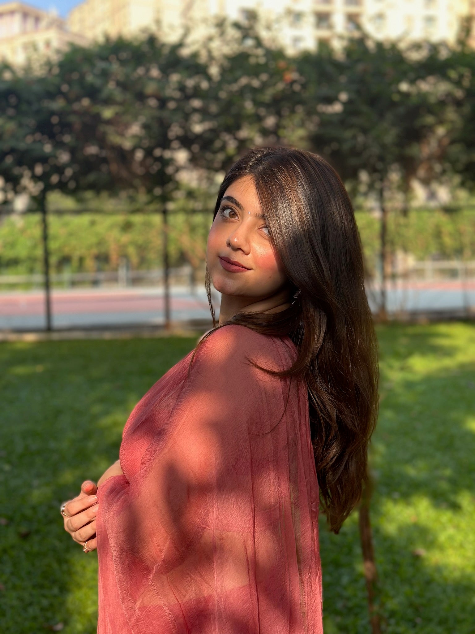 Fanah Chiffon Saree Set - Dusty Rose