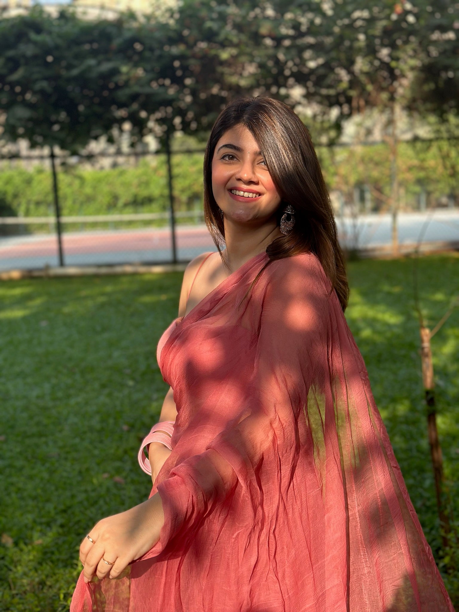 Fanah Chiffon Saree Set - Dusty Rose