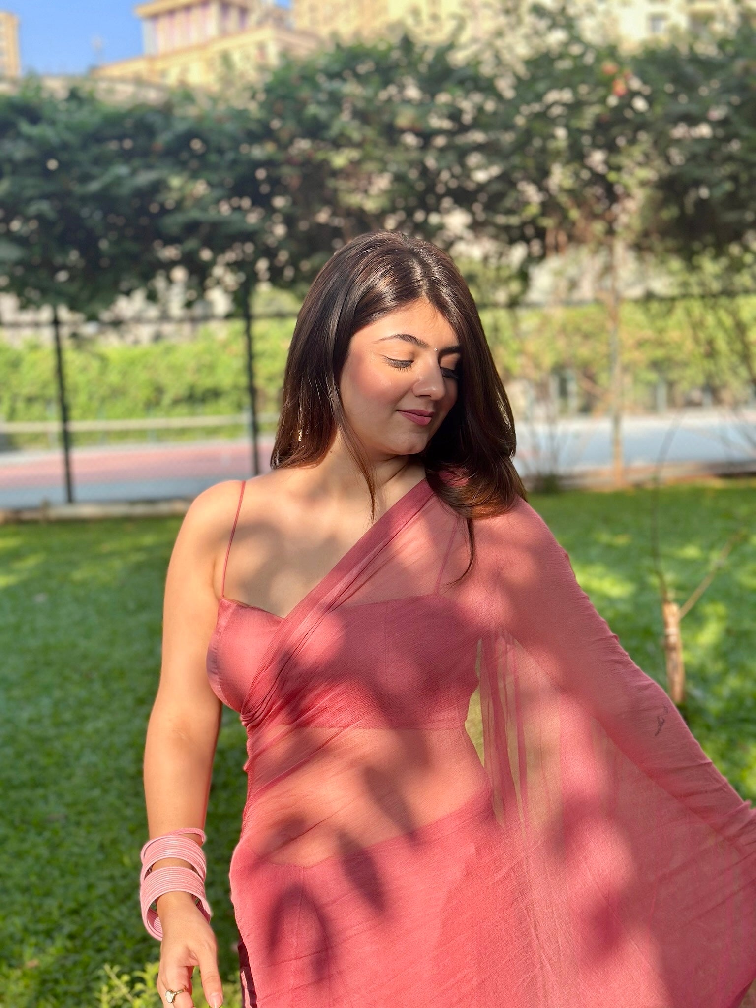 Fanah Chiffon Saree Set - Dusty Rose