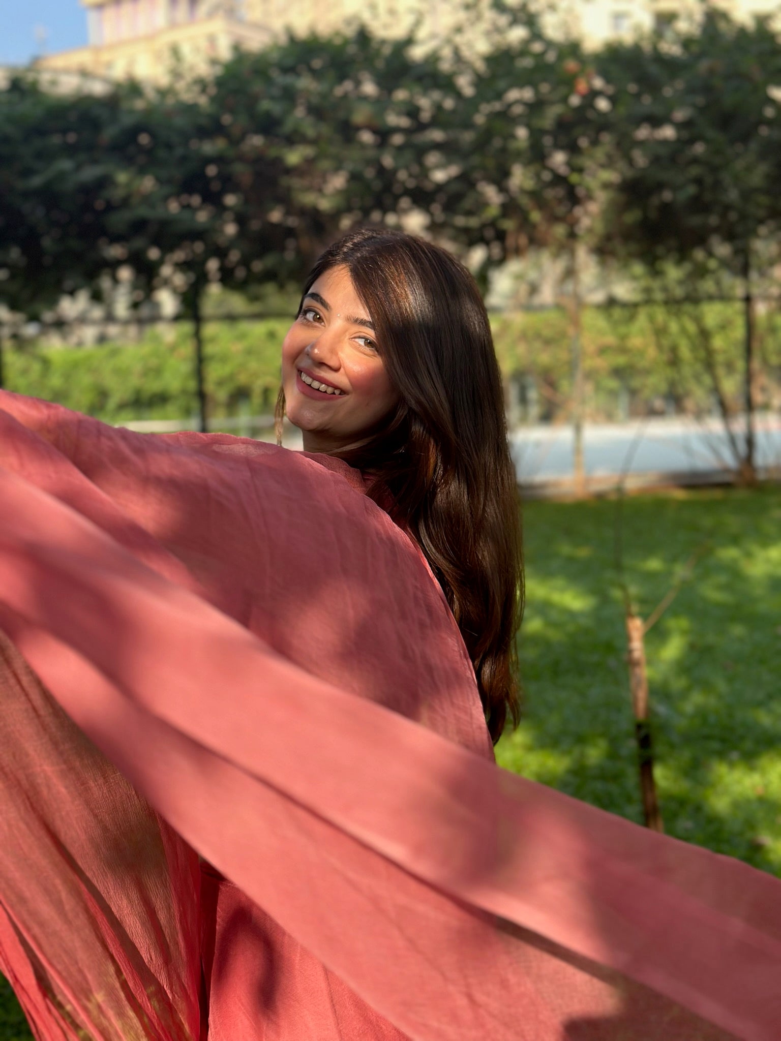 Fanah Chiffon Saree Set - Dusty Rose