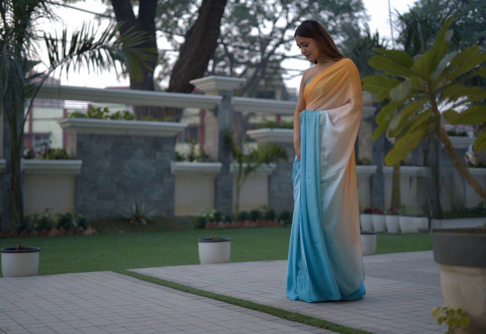 Blue-Yellow Ombre Satin Saree - That Gal