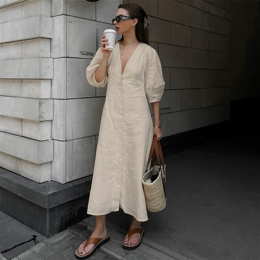 Mae Cotton Linen Puff Sleeve Dress