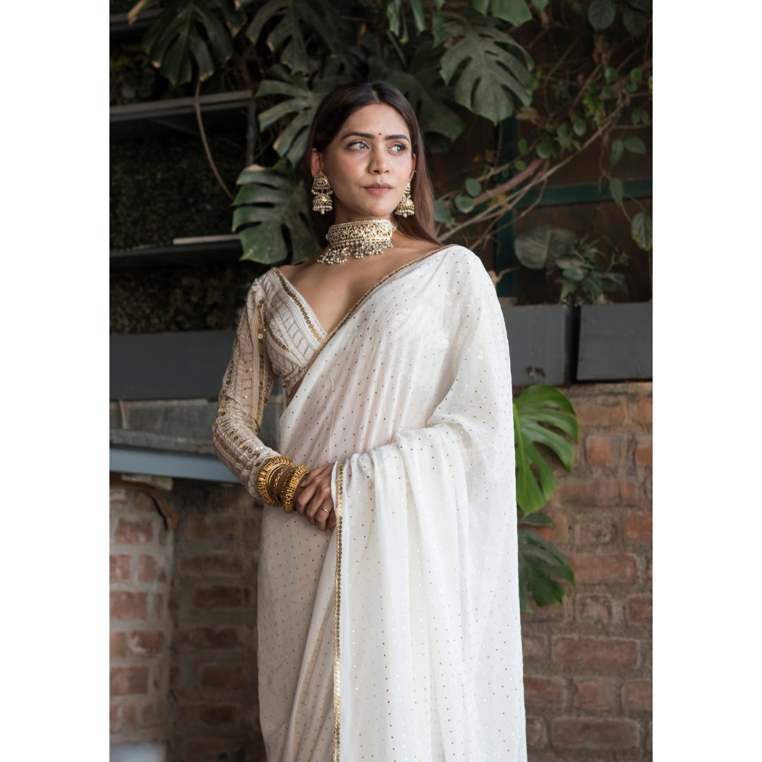 White Mukaish Work Saree