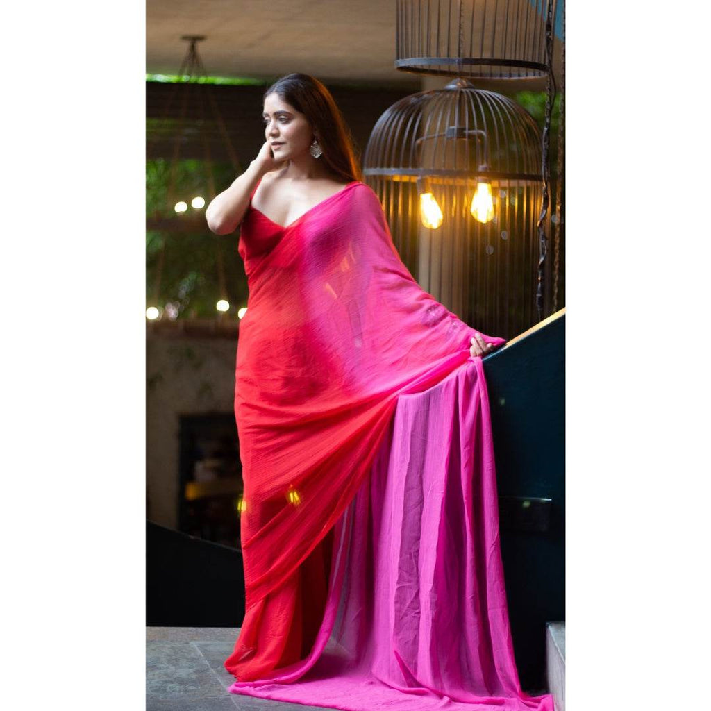 Red & Pink Chiffon Saree - That Gal
