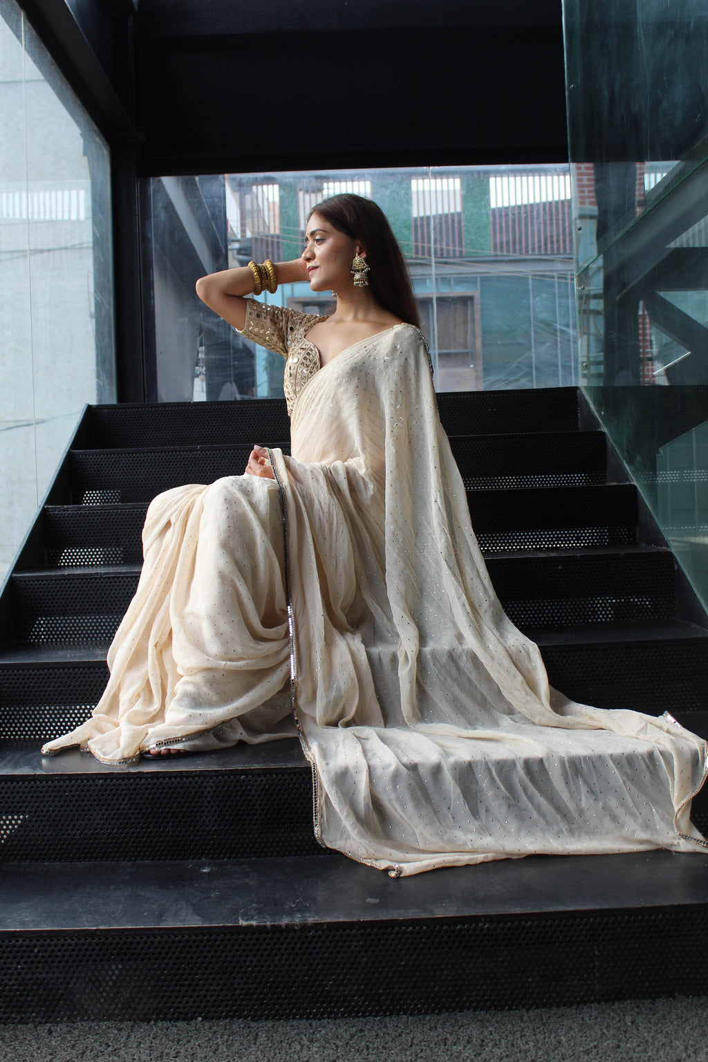Beige Mukaish Work Saree - That Gal
