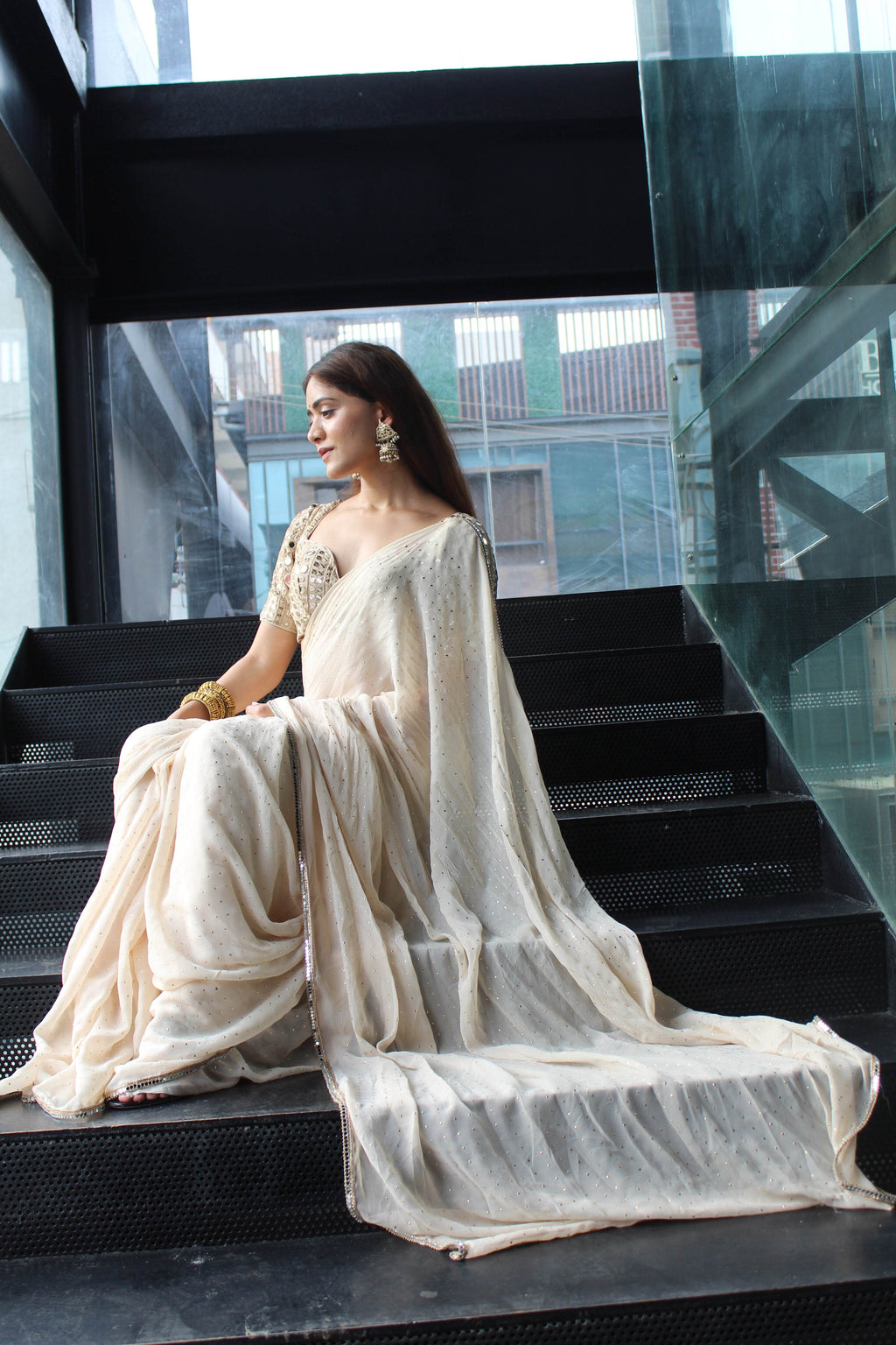 Beige Mukaish Work Saree - That Gal