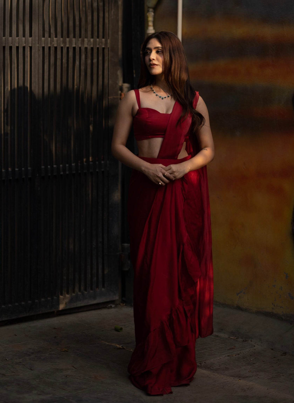 Audrey - Deep Red Ruffle Saree - That Gal
