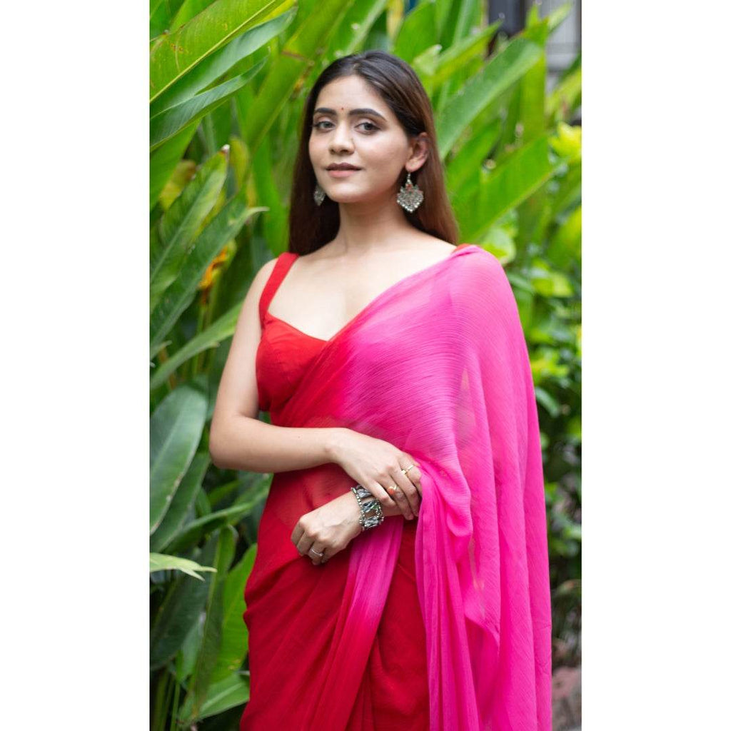 Red & Pink Chiffon Saree - That Gal