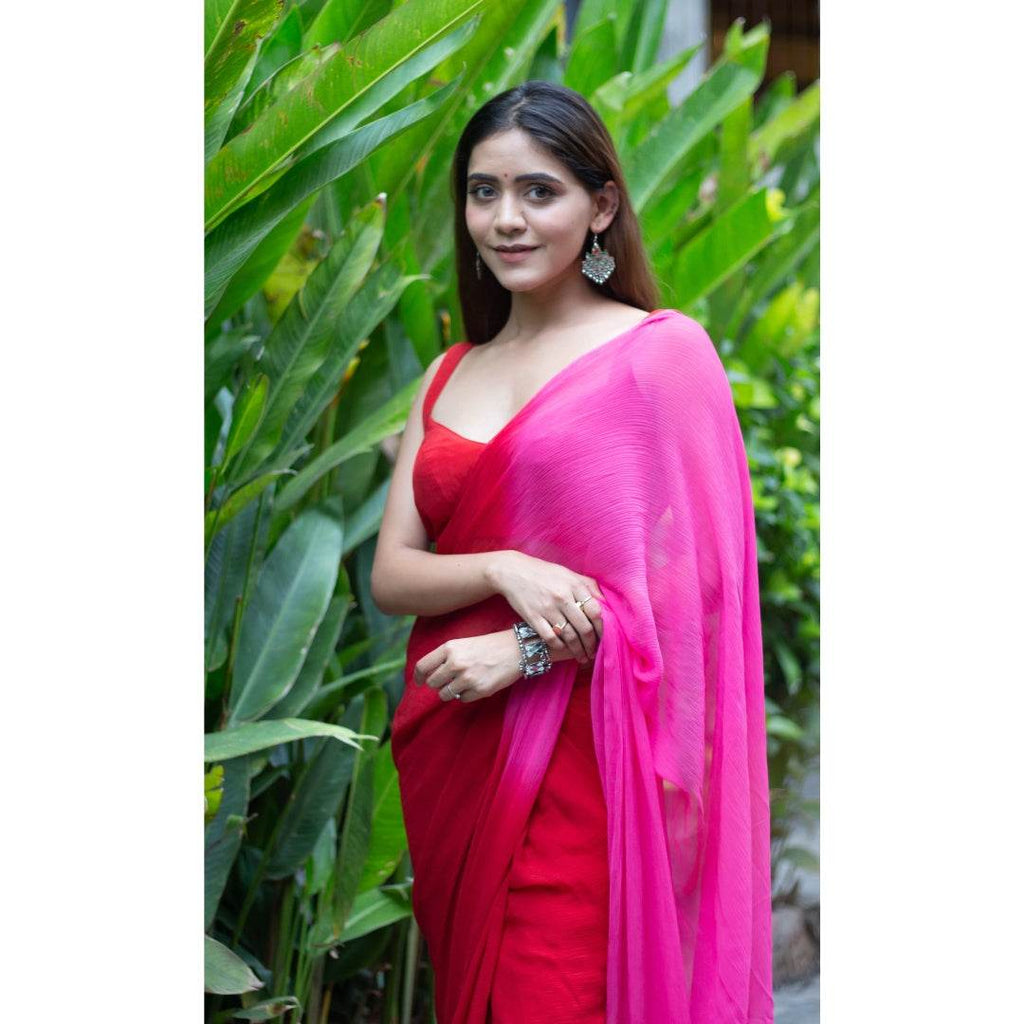 Red & Pink Chiffon Saree - That Gal