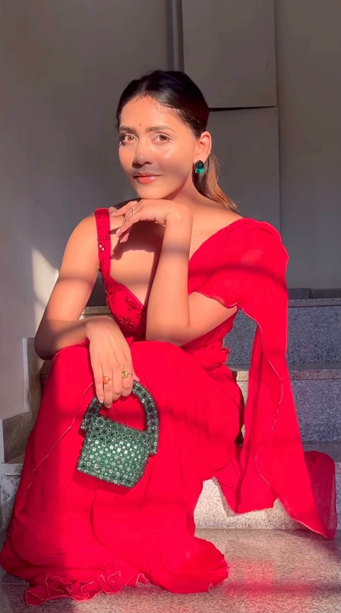Sarah - Deep Red Ruffled Saree - That Gal