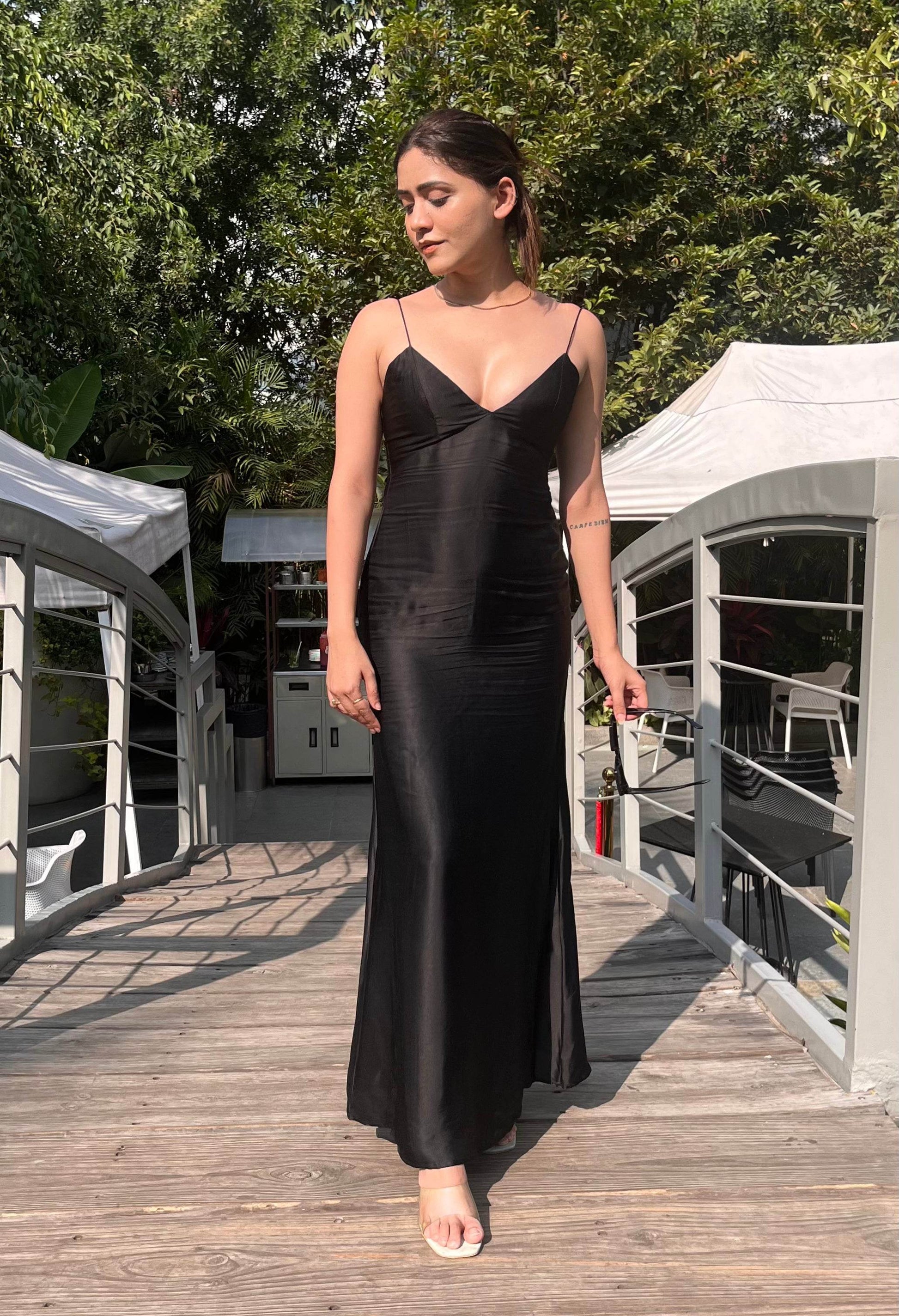 Satin Slip Dress - Black - That Gal