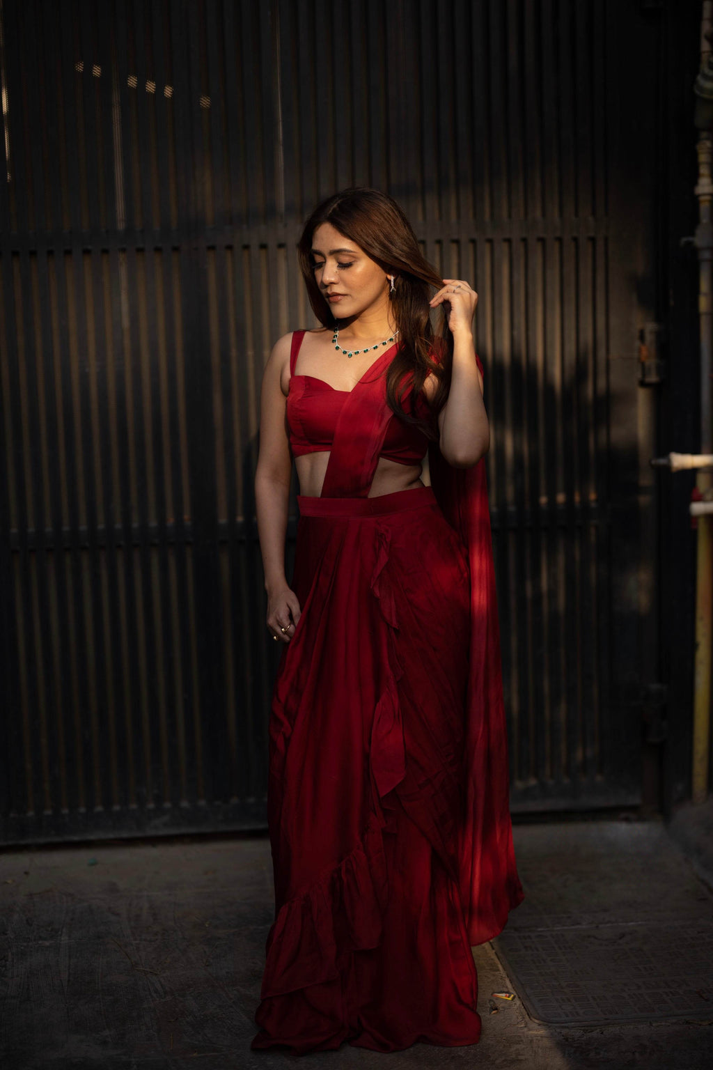 Audrey - Deep Red Ruffle Saree - That Gal