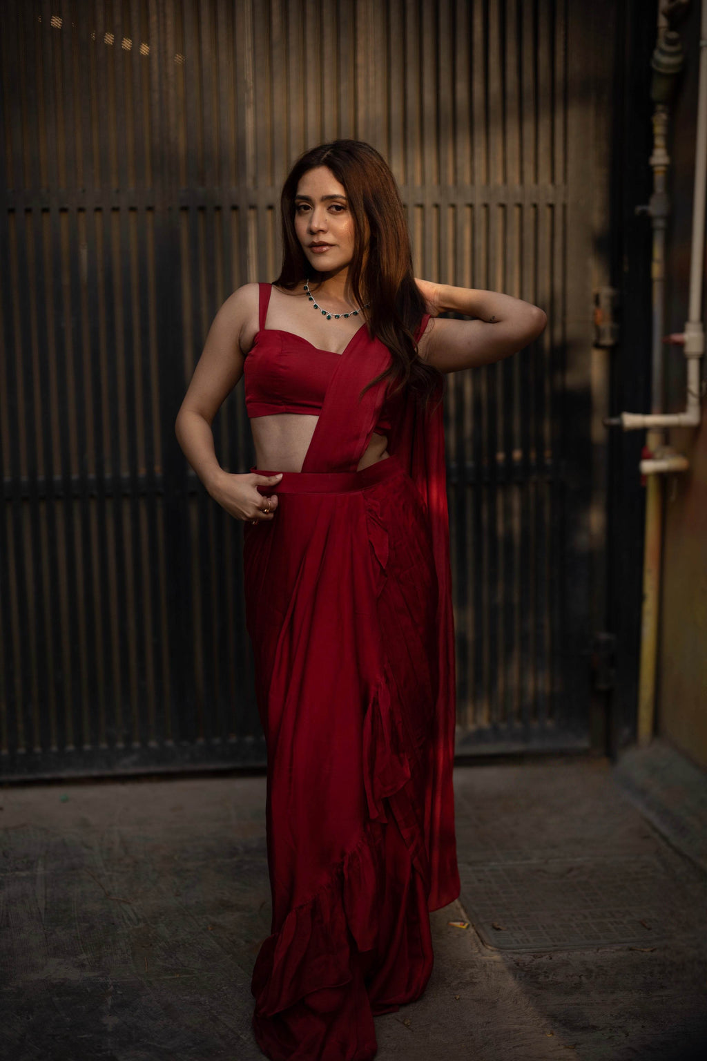 Audrey - Deep Red Ruffle Saree - That Gal