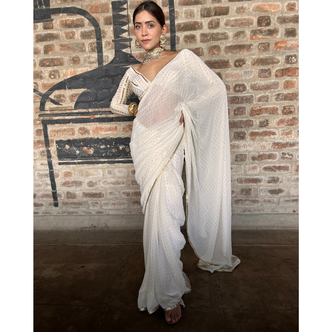 Beige Mukaish Work Saree – Local Nation