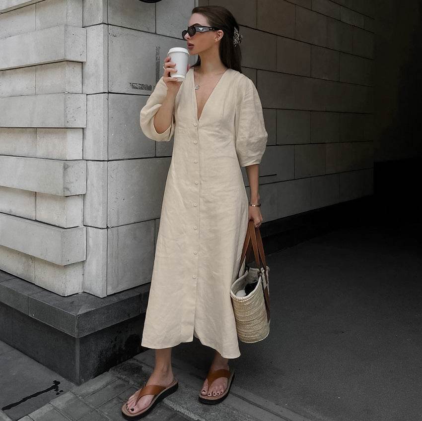 Mae Cotton Linen Puff Sleeve Dress - That Gal