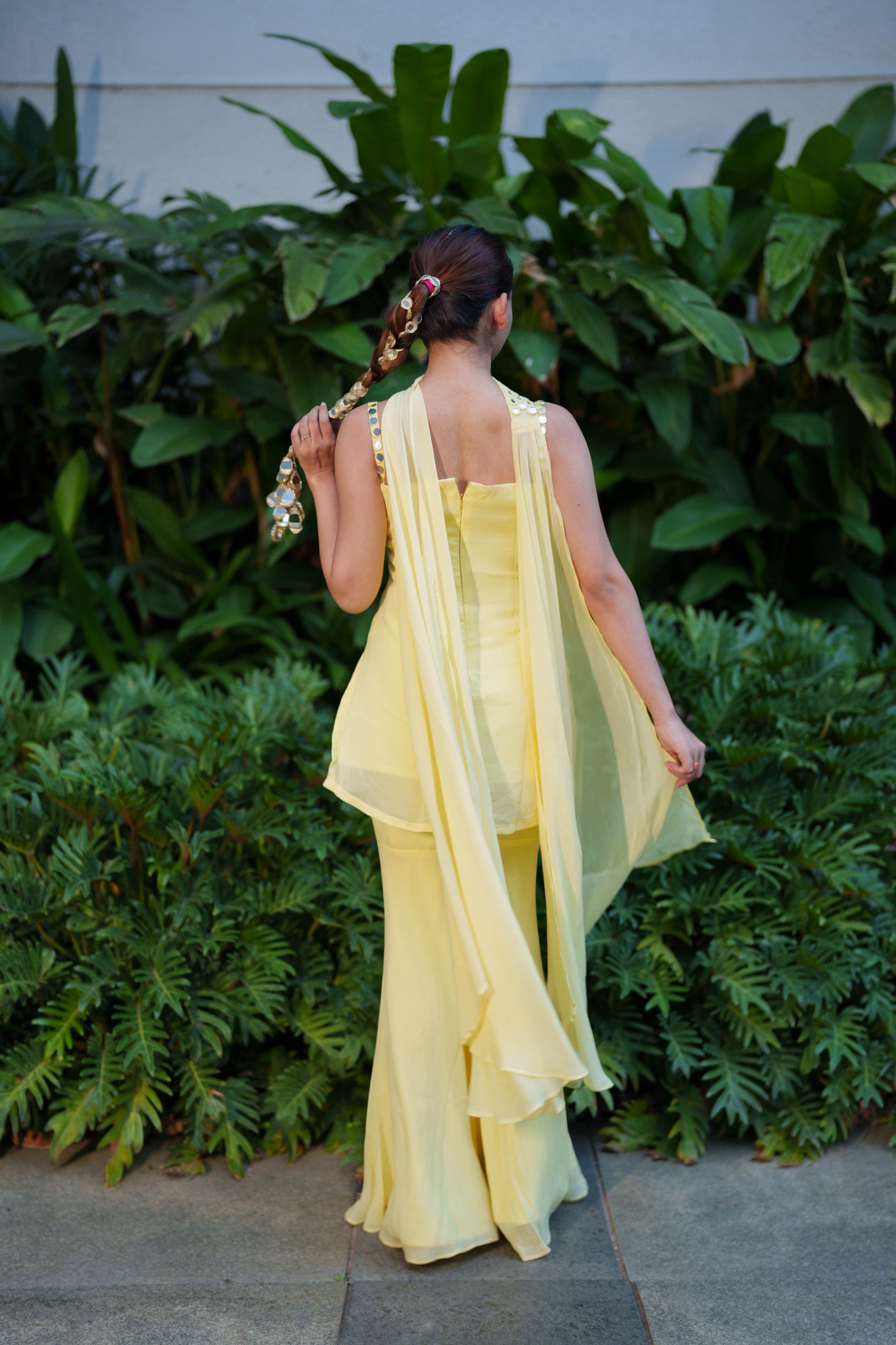 Yellow Mirror Work Sharara - Hand Embroidered