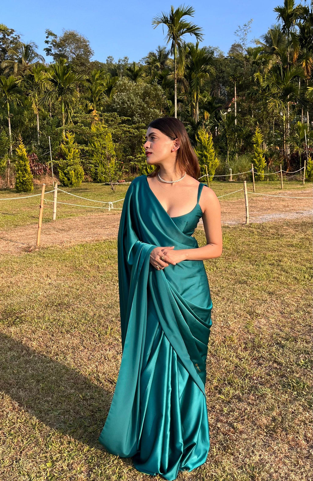 Emerald Green Satin Saree - That Gal