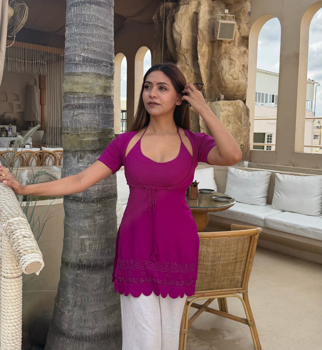 Hot Pink Chikankari Kurti - Convertible