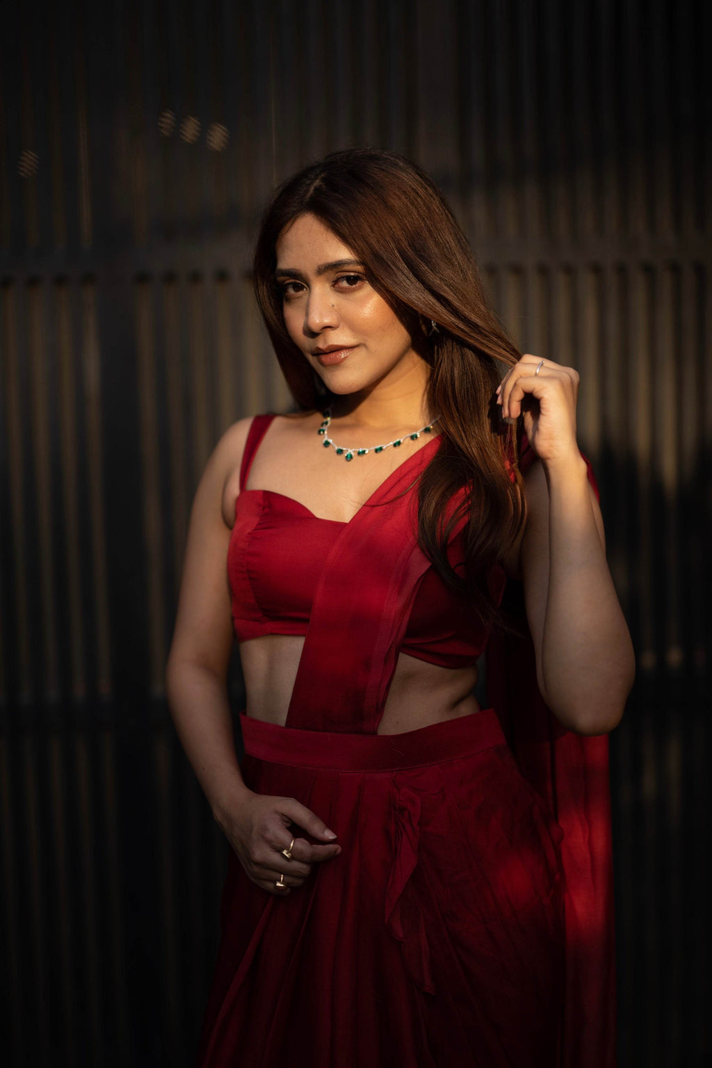 Audrey - Deep Red Ruffle Saree - That Gal